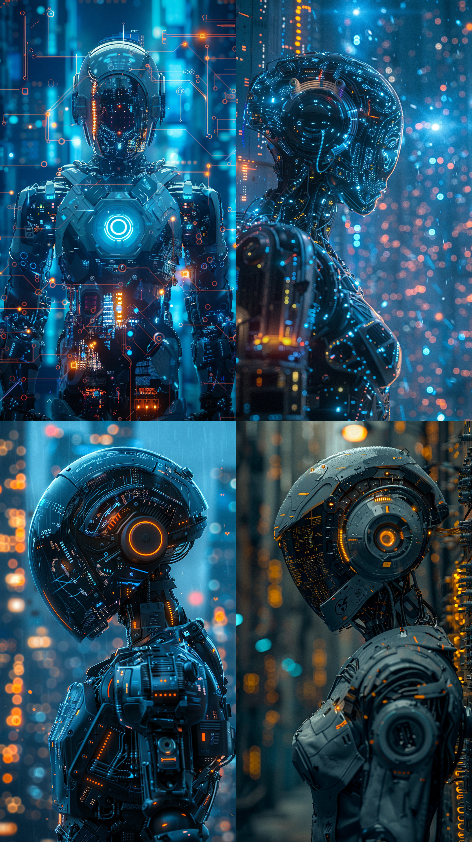 generate a set of image advertisements represented by ai technology, with ai intelligent robots standing at the center of the image, combined with intelligent chip circuits, big data operations, ai technology and urban technology elements, using technology blue as the main color tone, reflecting a strong sense of technology and future, top-notch image quality, modern style advertising design, reflecting technological aesthetics, artistic aesthetics, aesthetics, rich color saturation levels, rich image details, and simple background, minimalist lines. all over