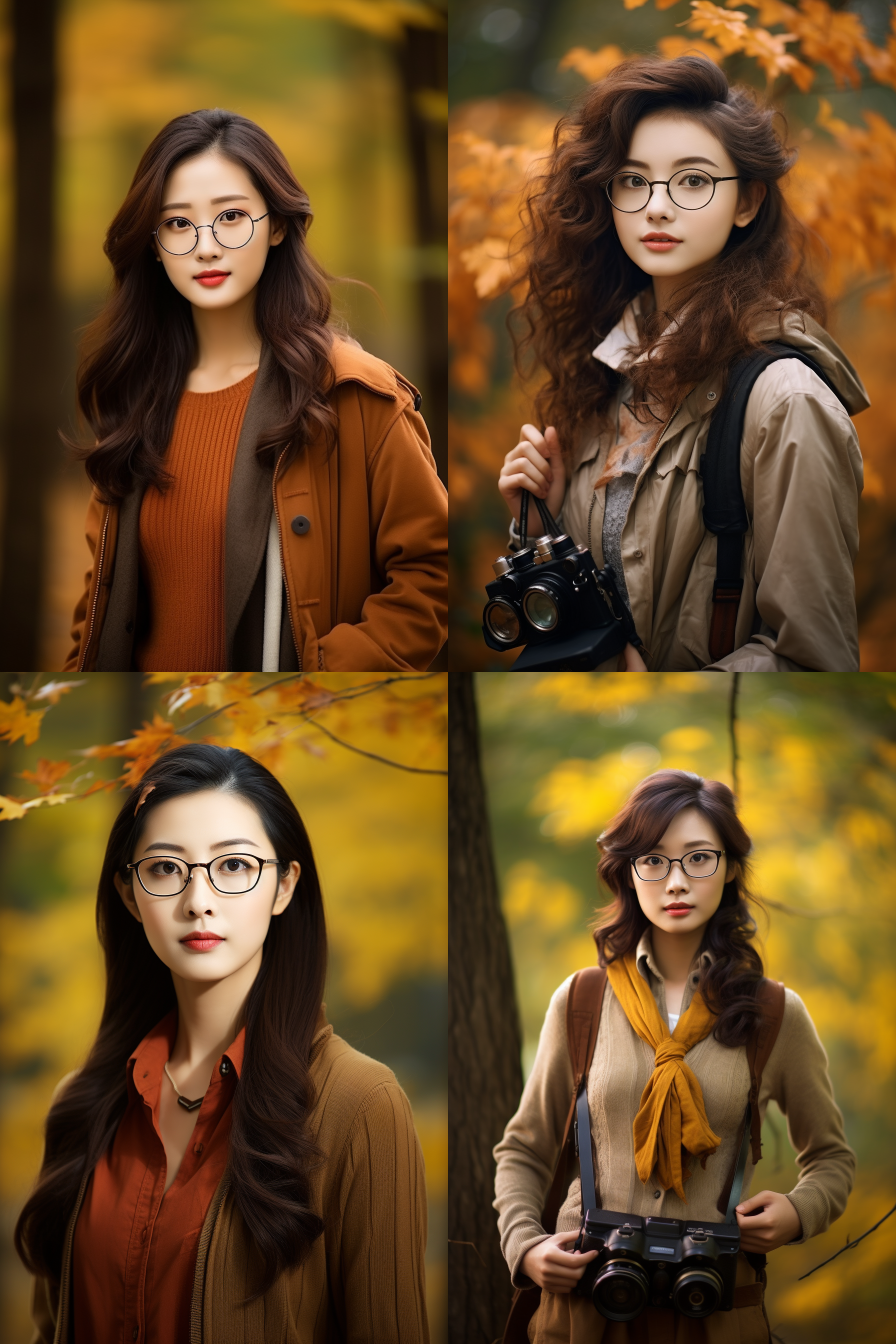 中国美女摄影人像，戴眼镜，可爱，枫林背景