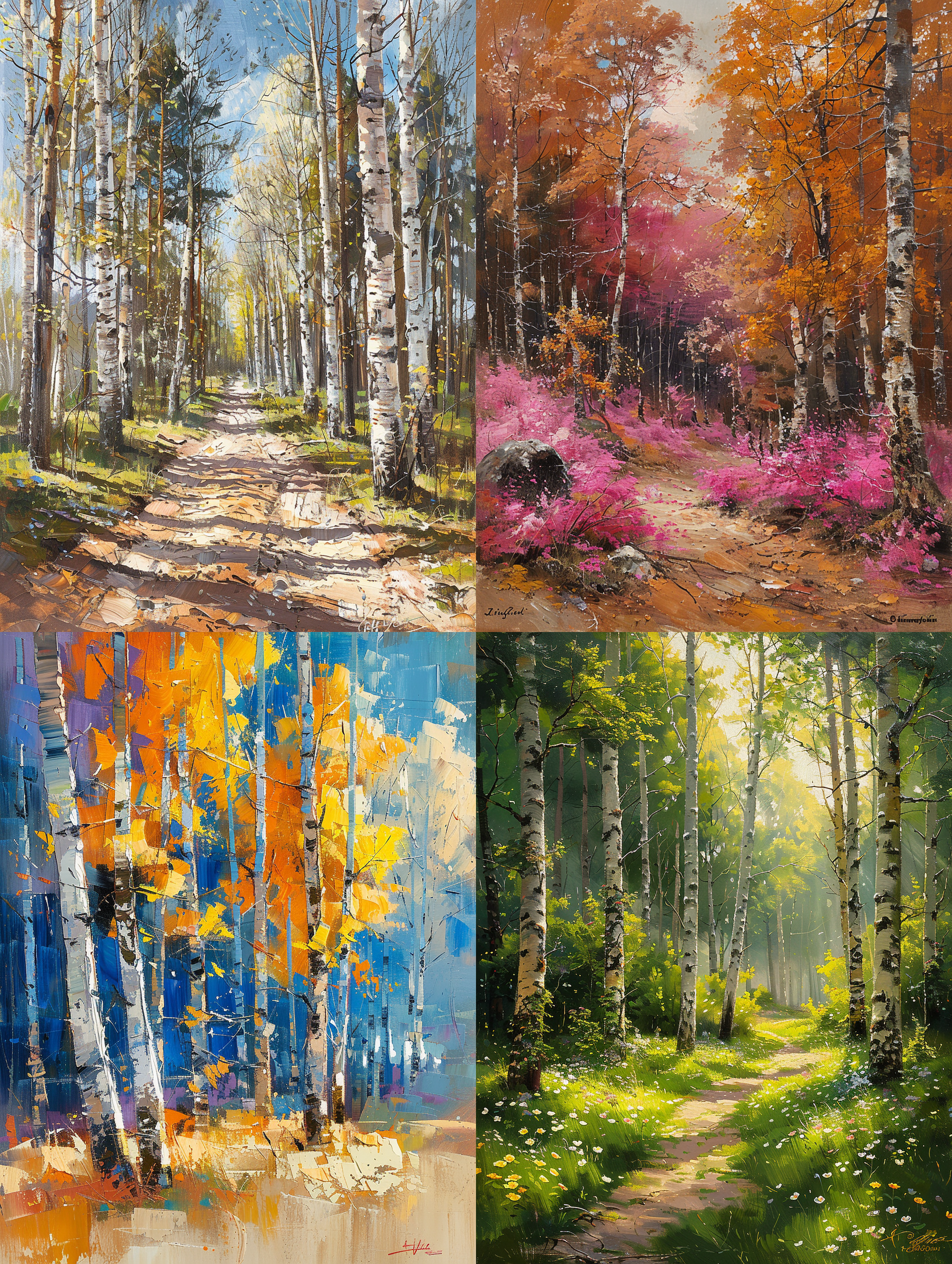 birch forest in spring, painted in an impressionist expressionist style with vibrant colors and rich details. the artwork, in 8k resolution, by nikolai ivanovich feshin, captures the natural light and intricate details of the trees, exuding a lively and passionate imagination, reflecting the artistic vitality.