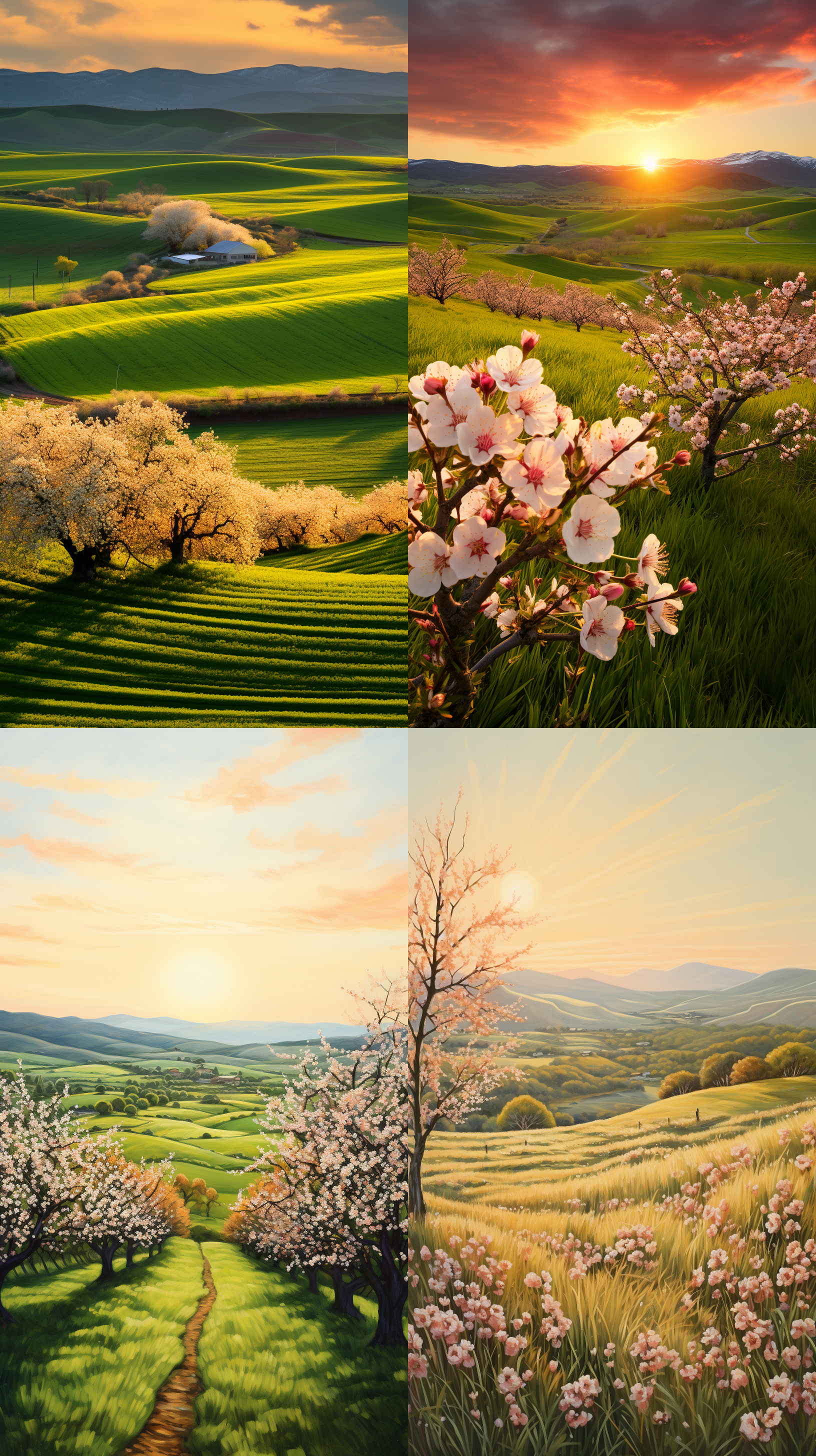 春分节气，金色阳光洒在绿色麦田上，桃花、杏花盛开，生机勃勃。温柔光影，自然色调，中焦镜头，微风拂动，细腻细节，和谐色彩，希望与喜悦。