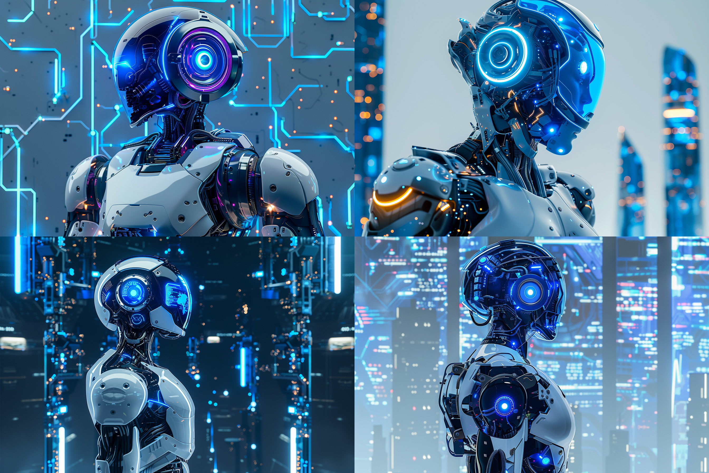 生成一组以ai科技为代表的形象广告，画面体现ai智能机器人站在画面中心，加上智能芯片电路，大数据运算，ai科技与城市科技元素，使用科技蓝为主色调，体现强烈的科技感和未来感，顶级的画质，现代风的广告设计，体现科技美学，艺术美学，唯美，色彩饱和层次丰富，画面细节丰富，简约的背景，简约的线条。 全身