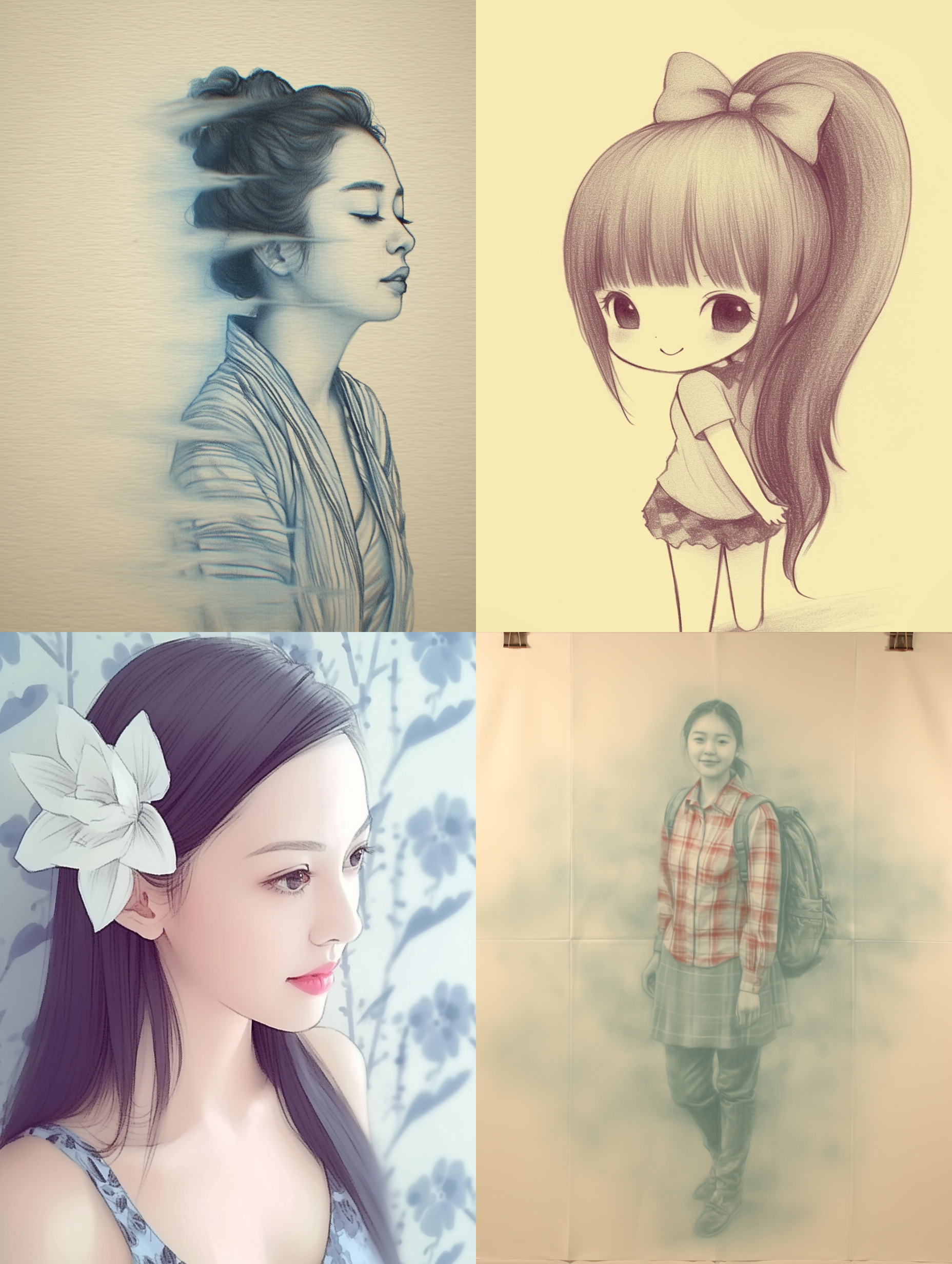 美女，素描，线条局部点缀色彩，白色背景，微笑，彩铅手绘，半身像，