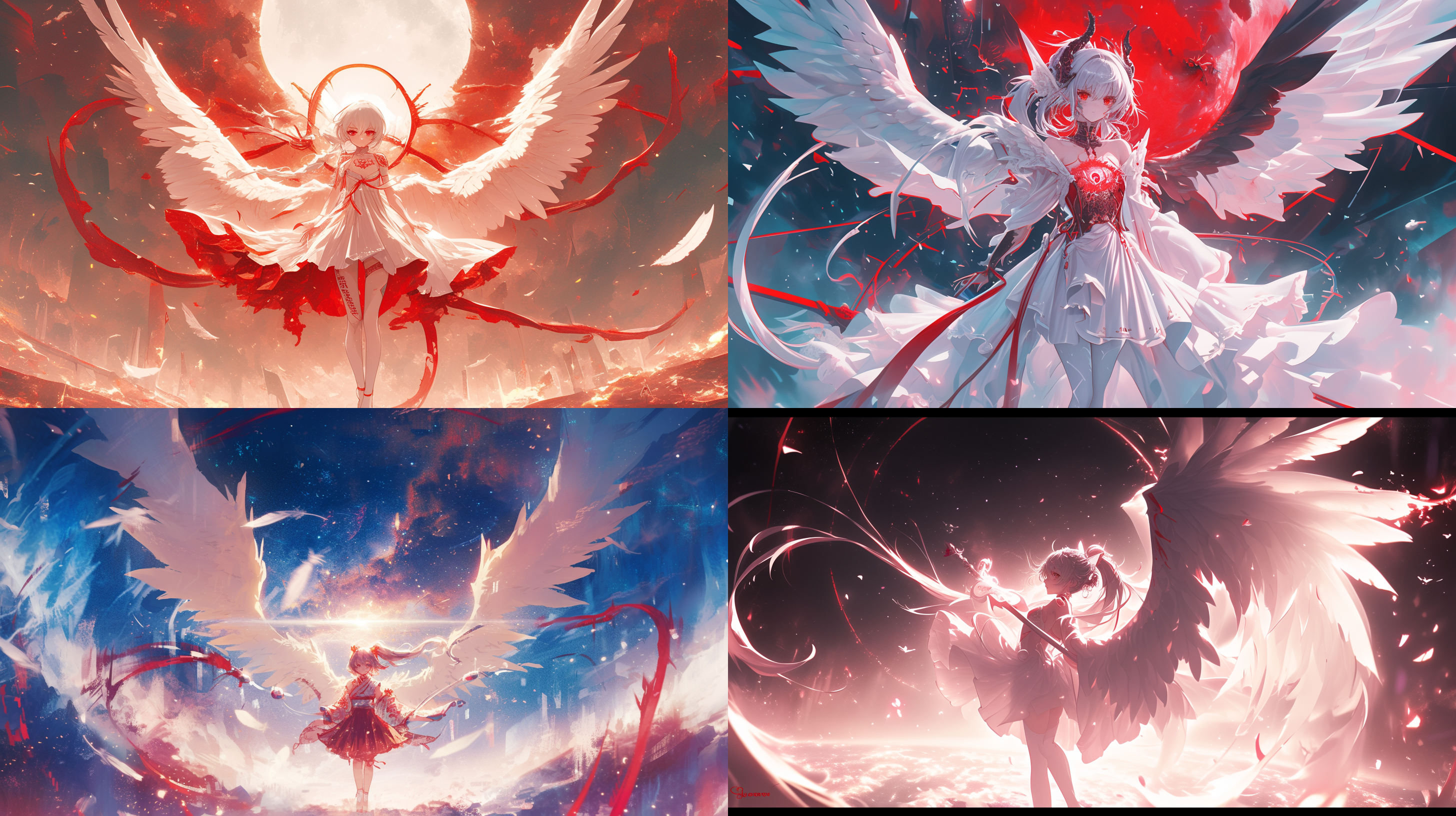 板绘，日本漫画风格，十二岁女孩，白色高马尾，红色纹身，芭蕾舞裙，红色瞳孔，反射“十”字白光，胸口有一只红色埃及眼，背后有白色大翅膀，克苏鲁风格，奔放神秘的人物设计，月光，神秘感，背景是星云图，画面精美，黄金比例构图，高精度，丰富细节，构图精美。