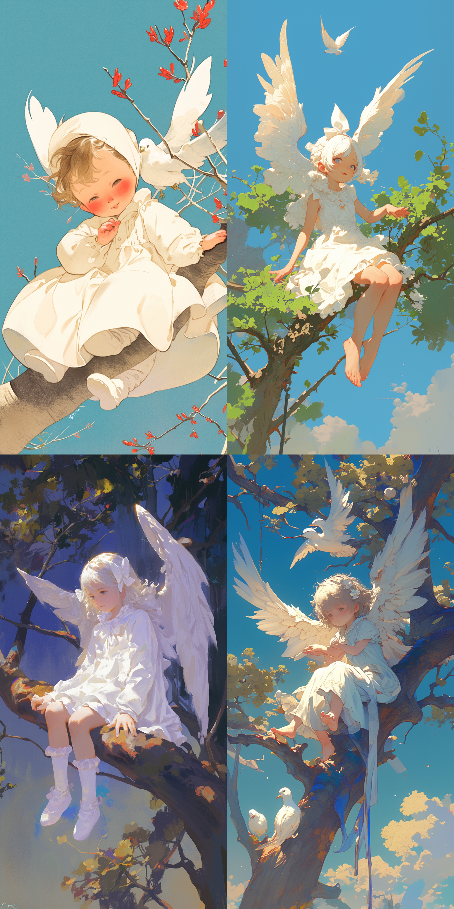 可爱的婴儿，长着白鸽的翅膀，白色的衣服，坐在树枝上