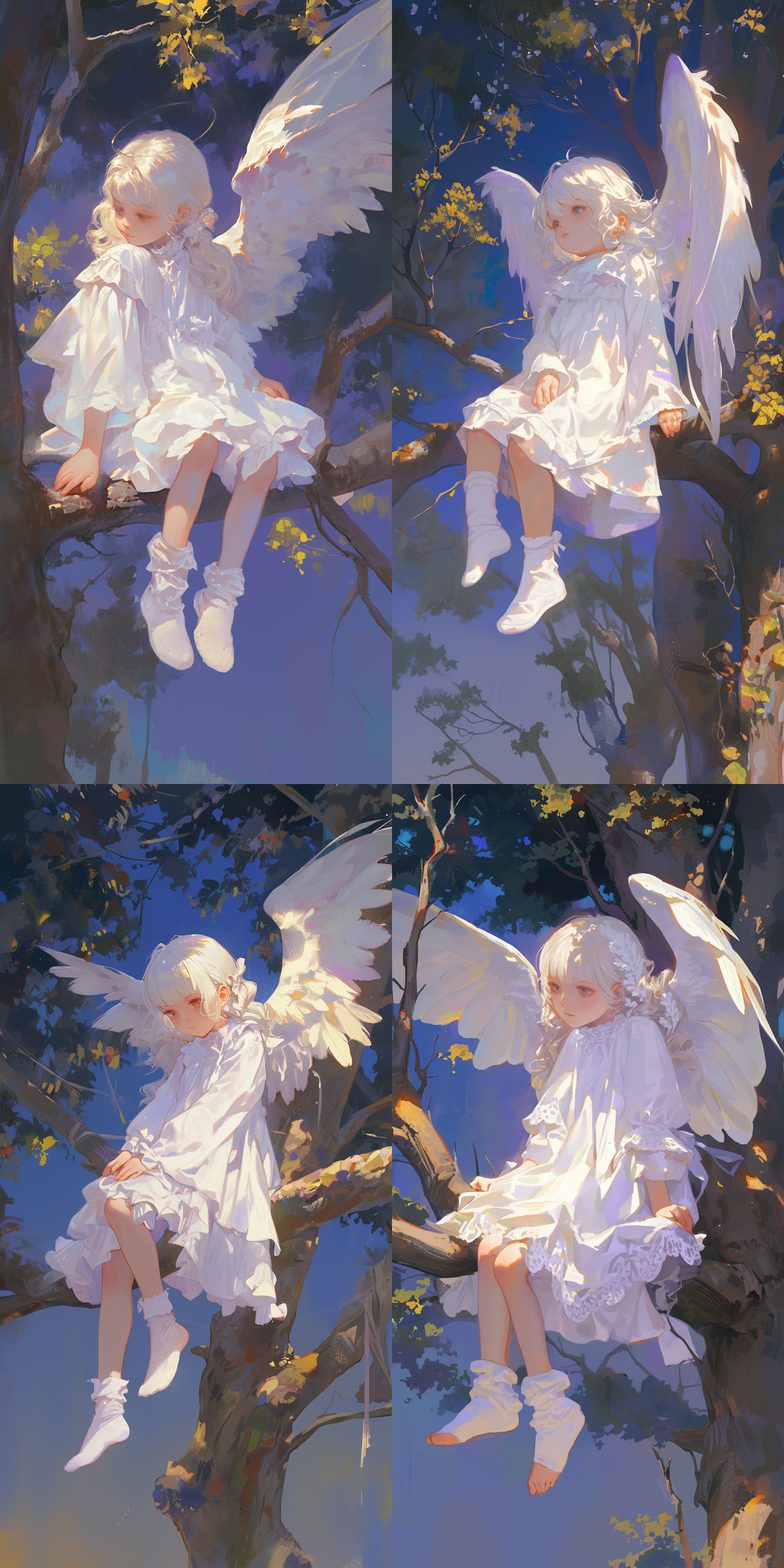 可爱的婴儿，长着白鸽的翅膀，白色的衣服，坐在树枝上