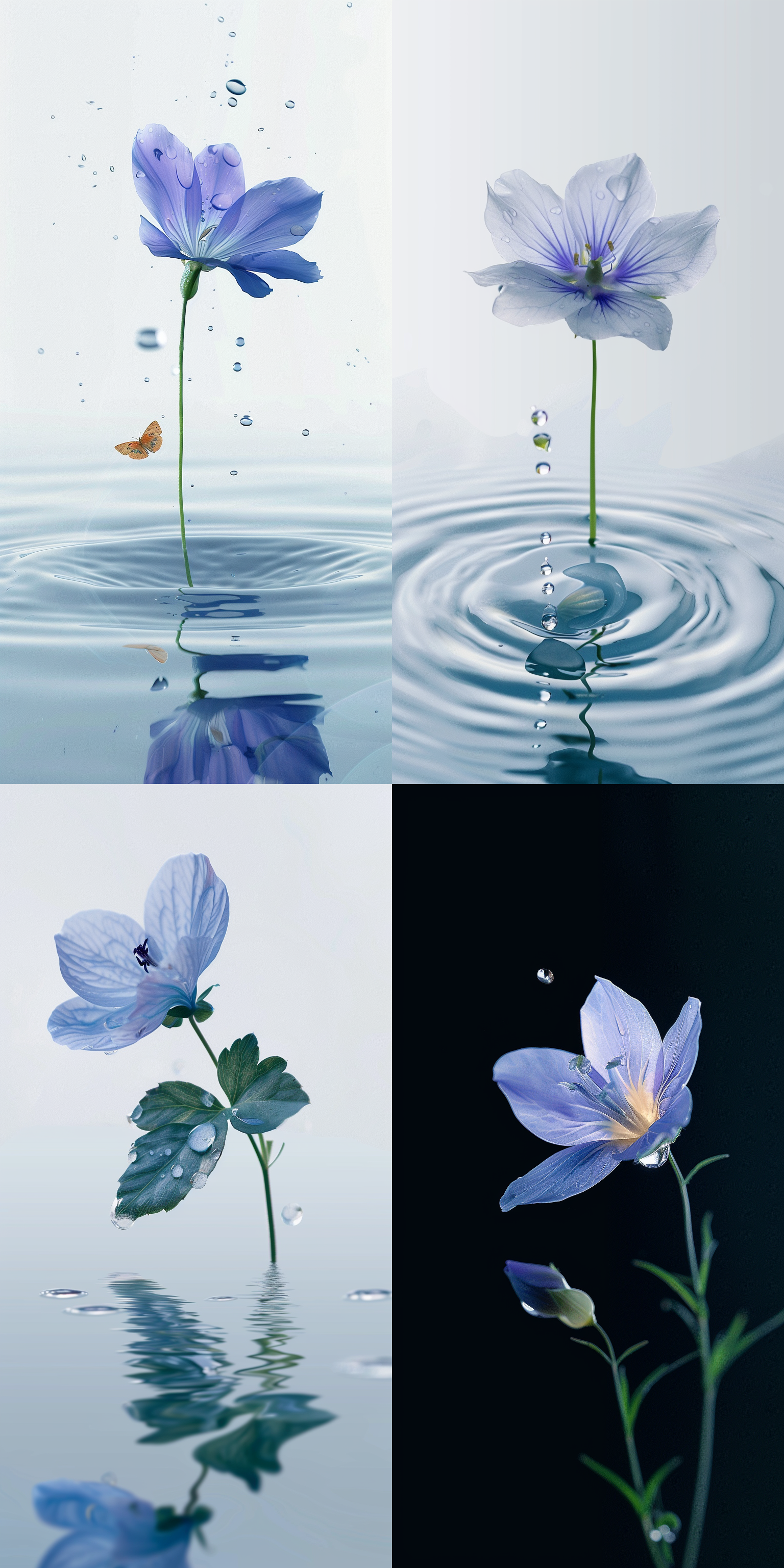 1支1叶1朵花，韵律，一滴晶莹剔透的水珠，1只蝴蝶，远景，光影交错，色彩对比。