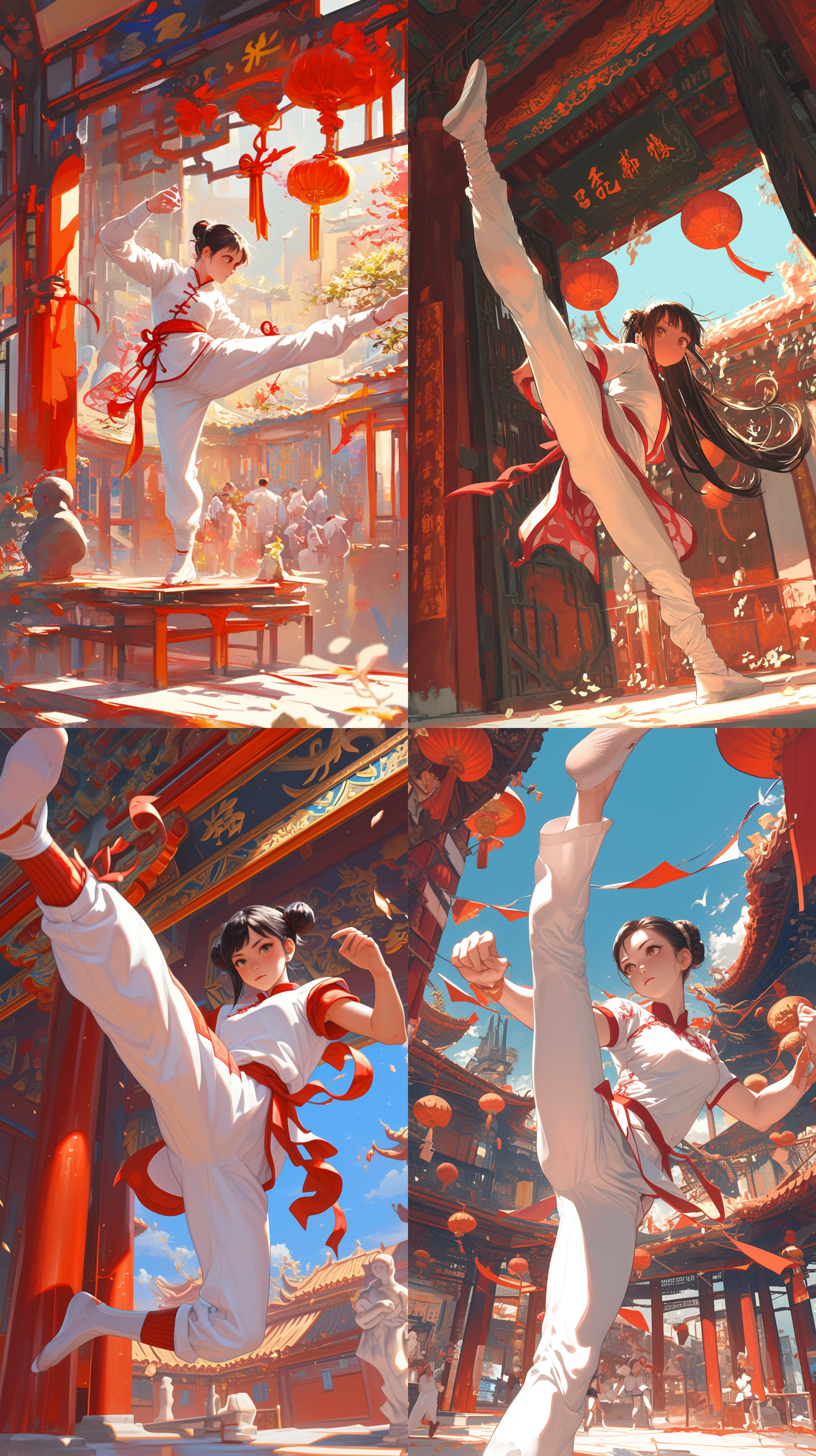 功夫少女高踢腿，中式庭院，白色练功服，红色花纹，白色布鞋，修行，朝侧面踢木头人，阳光明媚，鲜艳色彩，活力四射，励志，快门速度快。