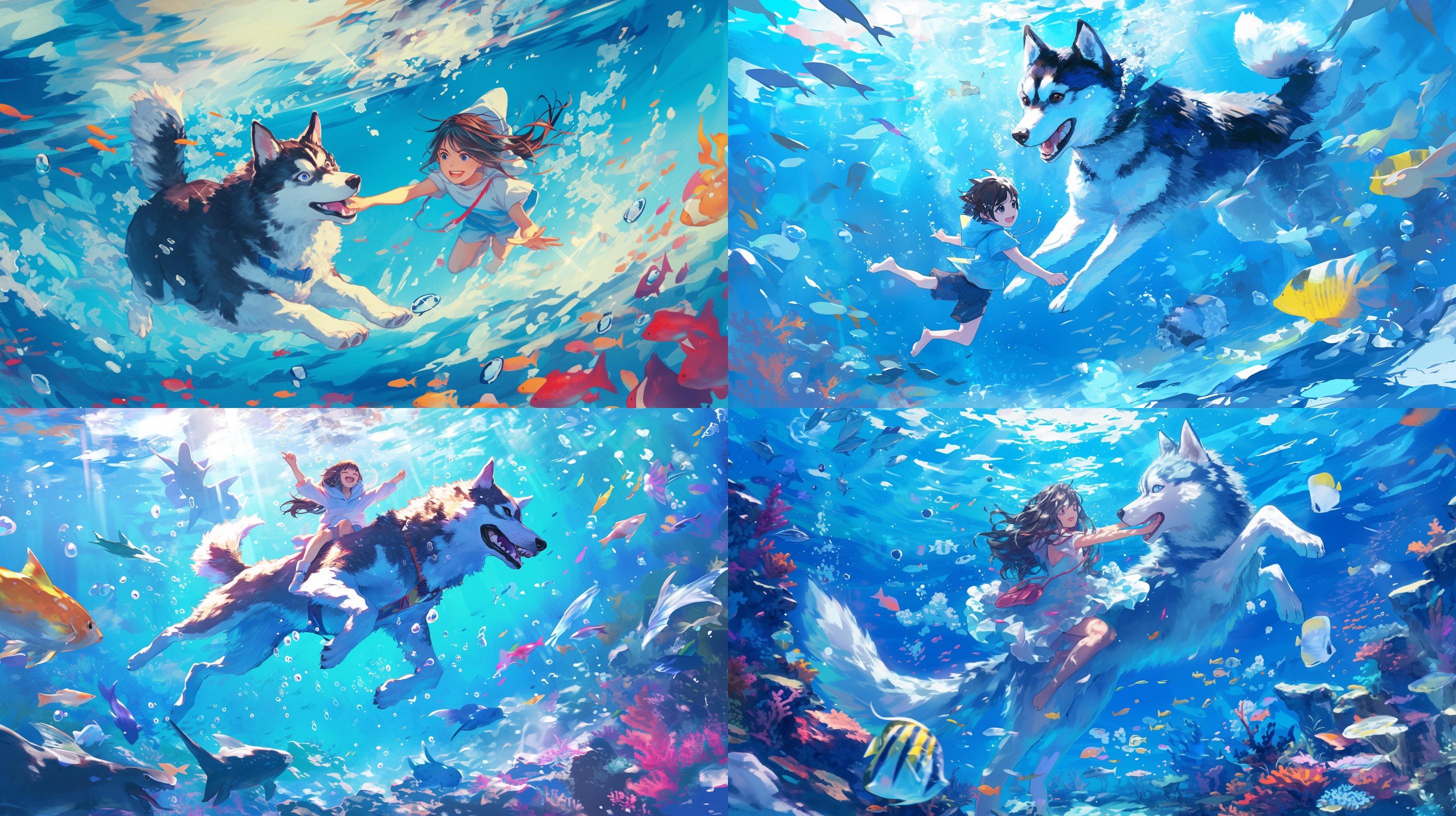 a super cute siberian husky underwater dance with a girl, clear underwater, hooded shirt, happy expression, surrounded by fish, sparkling waves, disney style,colorful, wide-angle lens, natural light, cheerful movements, cute emotions,ultra hd,8k,crazy details 油画 干净背景 全身 正视 米色 纤维素 天野喜孝 油画 干净背景 全身 正视 米色 纤维素 天野喜孝