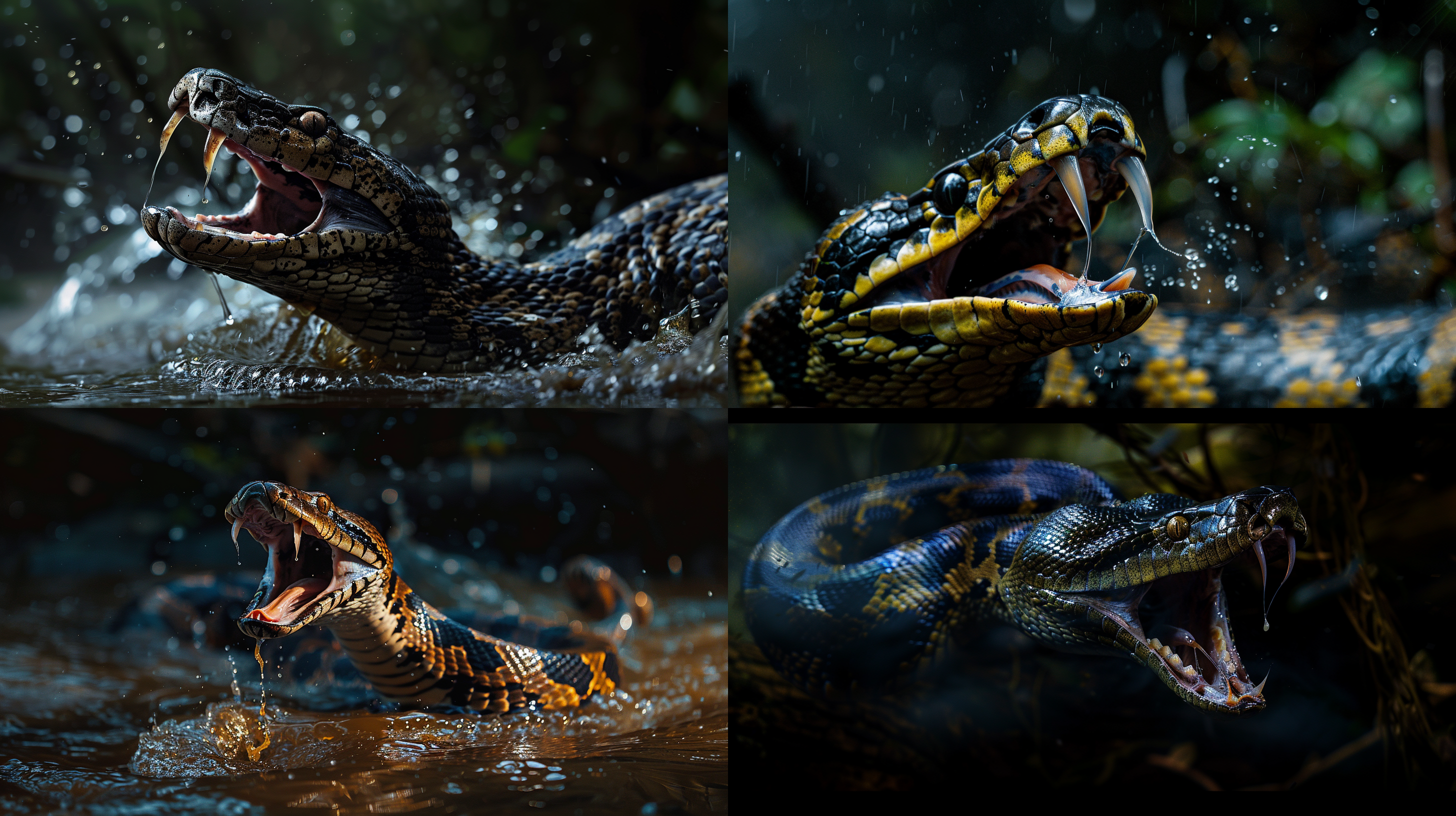 巨蟒攻击，对角线构图，明暗对比强烈，森林中，高清晰度，高细节，长焦镜头，口水飞溅，锋利牙齿，恐惧情绪，深色调。