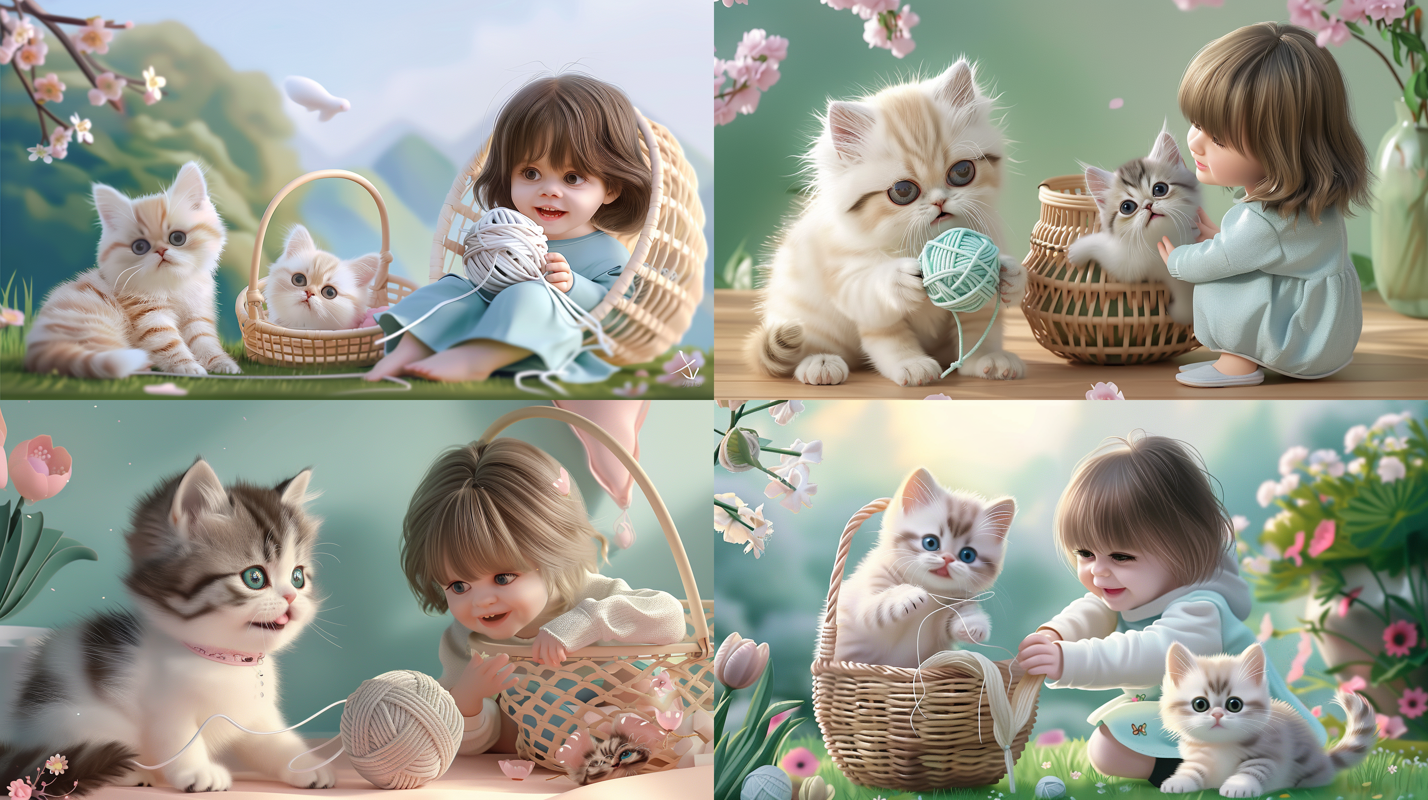 两只小猫咪在玩耍，线球，竹篮，小女孩蹲在一边看着，开心的笑