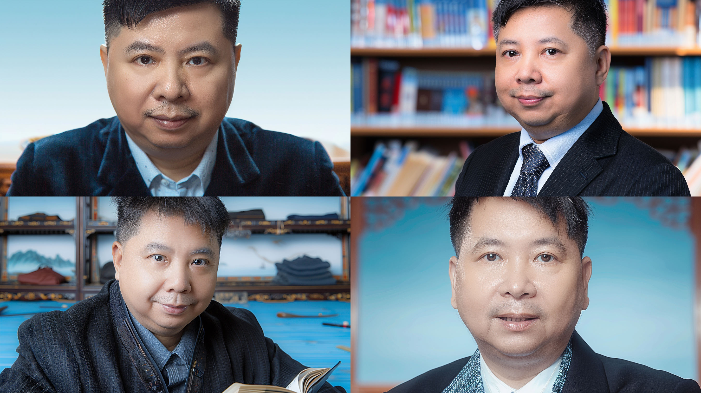 中年男人读书，书架背景，静谧氛围，室内环境，中焦镜头，柔和侧光，专注表情，传统服饰，温暖色调，知识，学习，安静。 中式宣传画