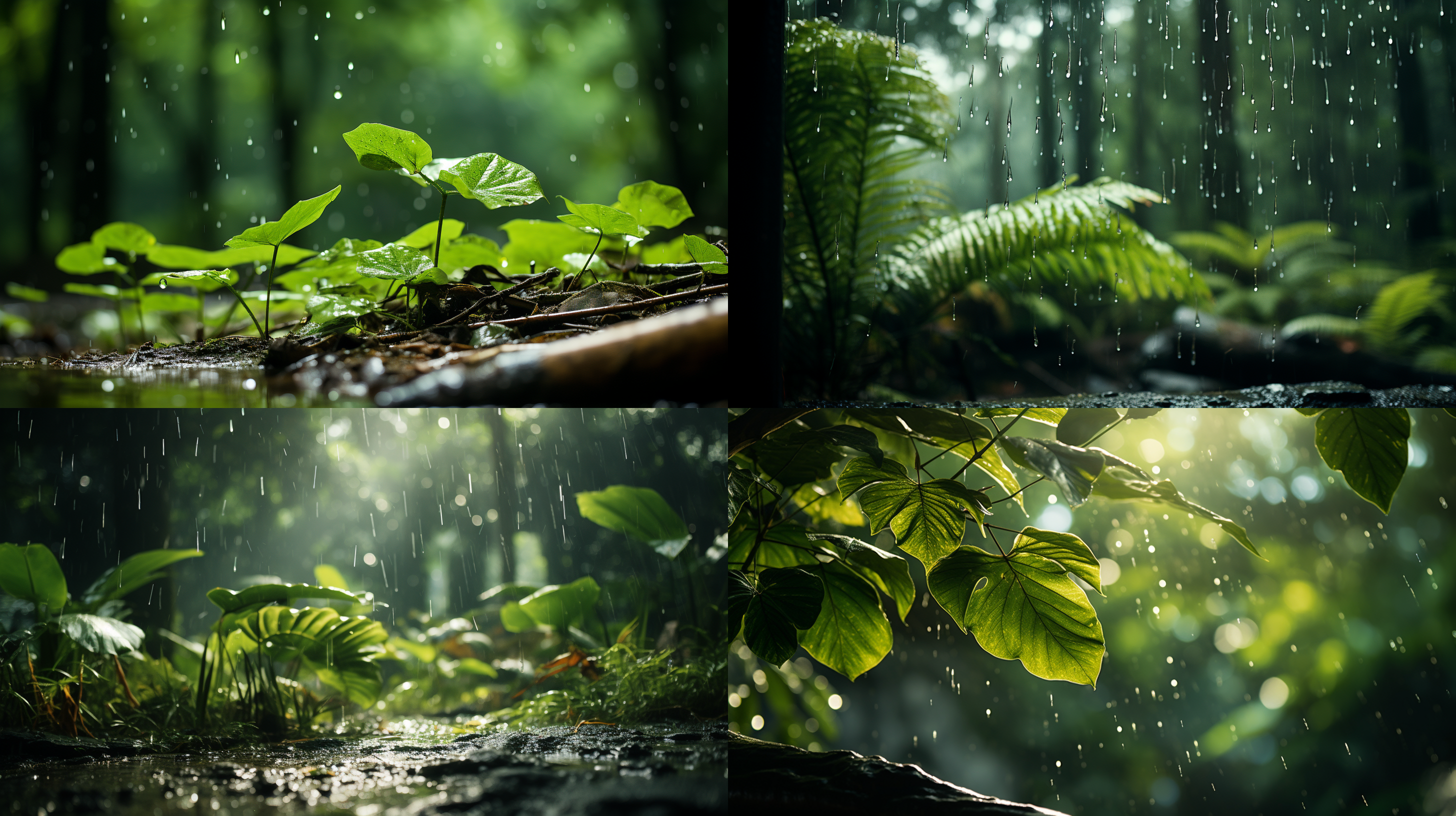 阳光透过树梢，雨后森林，地面光斑，晶莹雨珠，环境自然，清新空气，大光圈，长焦镜头，自然光，微距拍摄，绿色调，宁静安详。