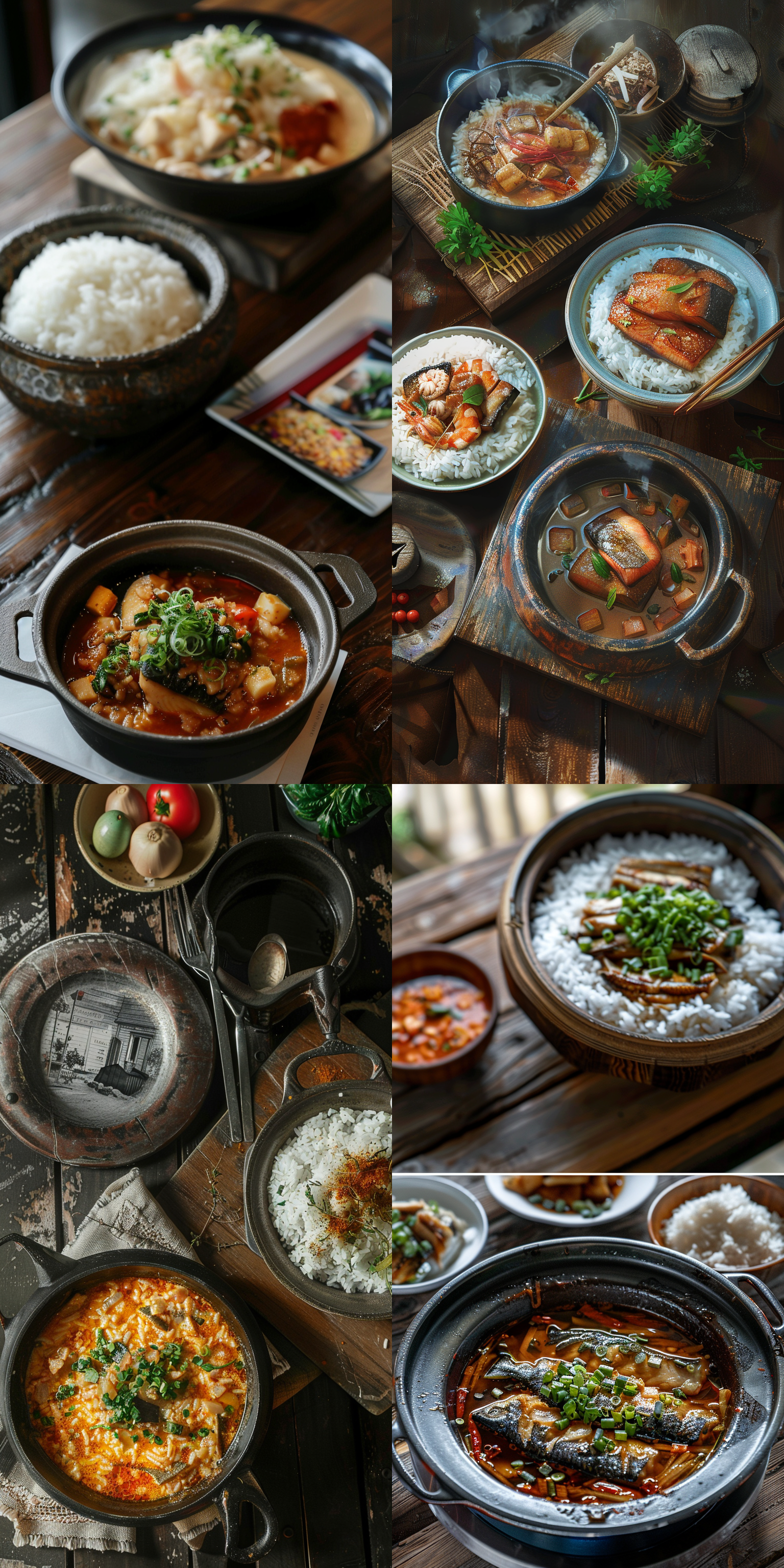 一碗米饭，铁锅炖鱼，白天，餐桌 照片写实