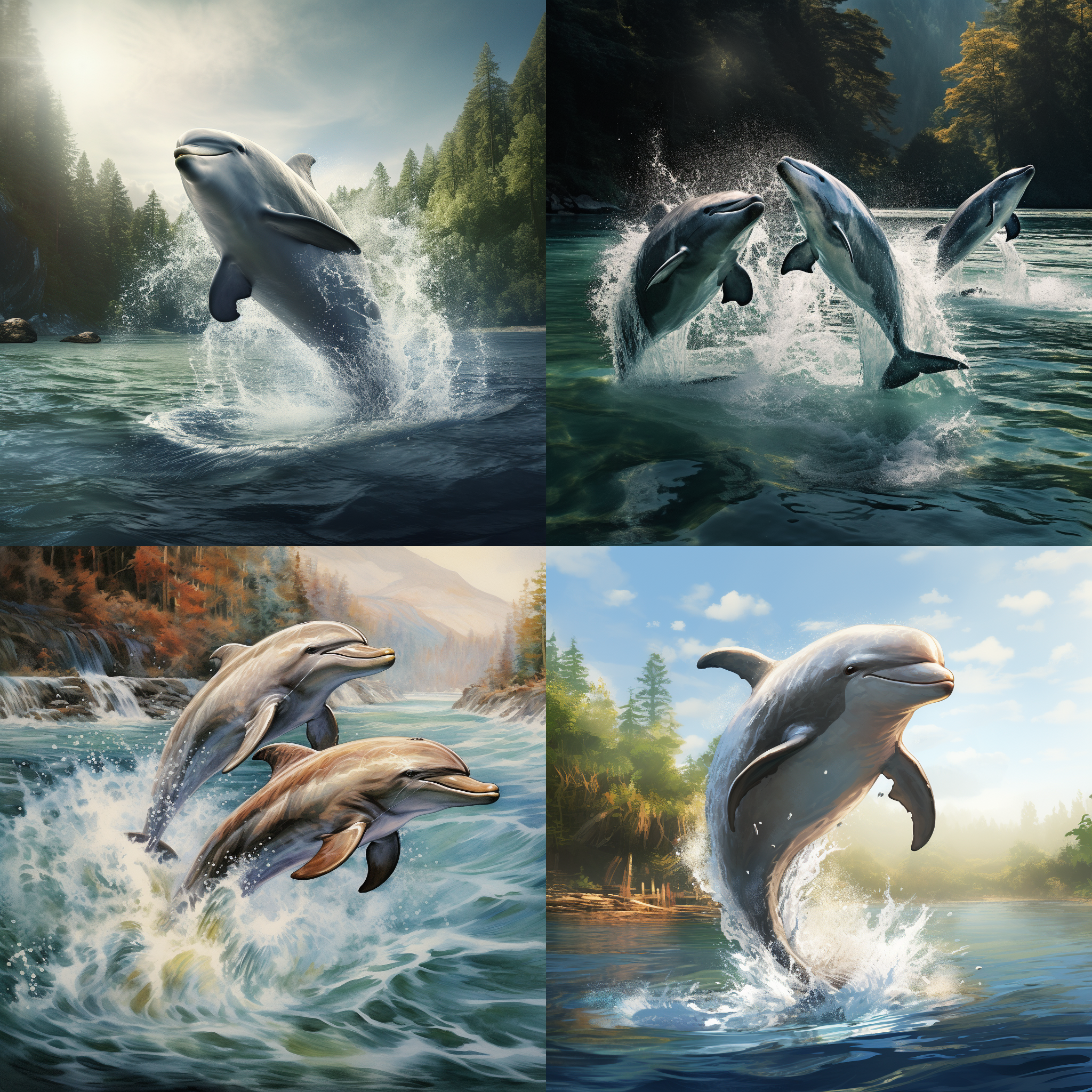 a river dolphins leaping out of the river surface