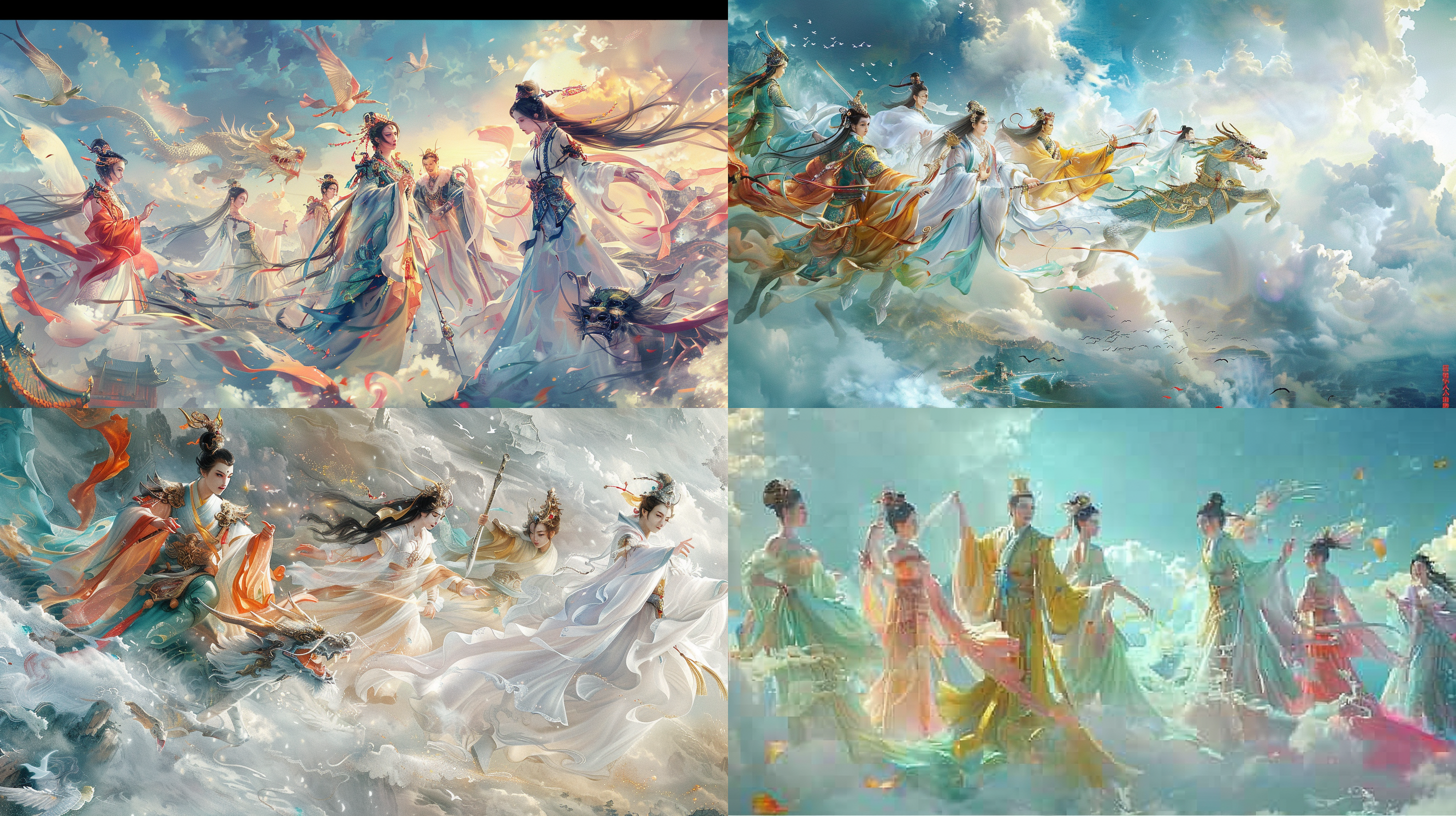 天界仙宫，白玉建筑，龙椅上的玉帝，侍立的仙官，众仙子应征，嫦娥绝世容颜，牛郎手持织锦，飞翔神牛，斑斓色彩，神秘光芒，狂风雷电中的青年牛郎，玉帝满意笑容，嫦娥与牛郎共舞，神话色彩，庄严壮观。 宫廷摄影，全景构图，古典风格，长焦镜头，金光闪耀，婉约动作，神秘光影，华丽服饰，宏伟场面，神圣氛围，喜悦情感。