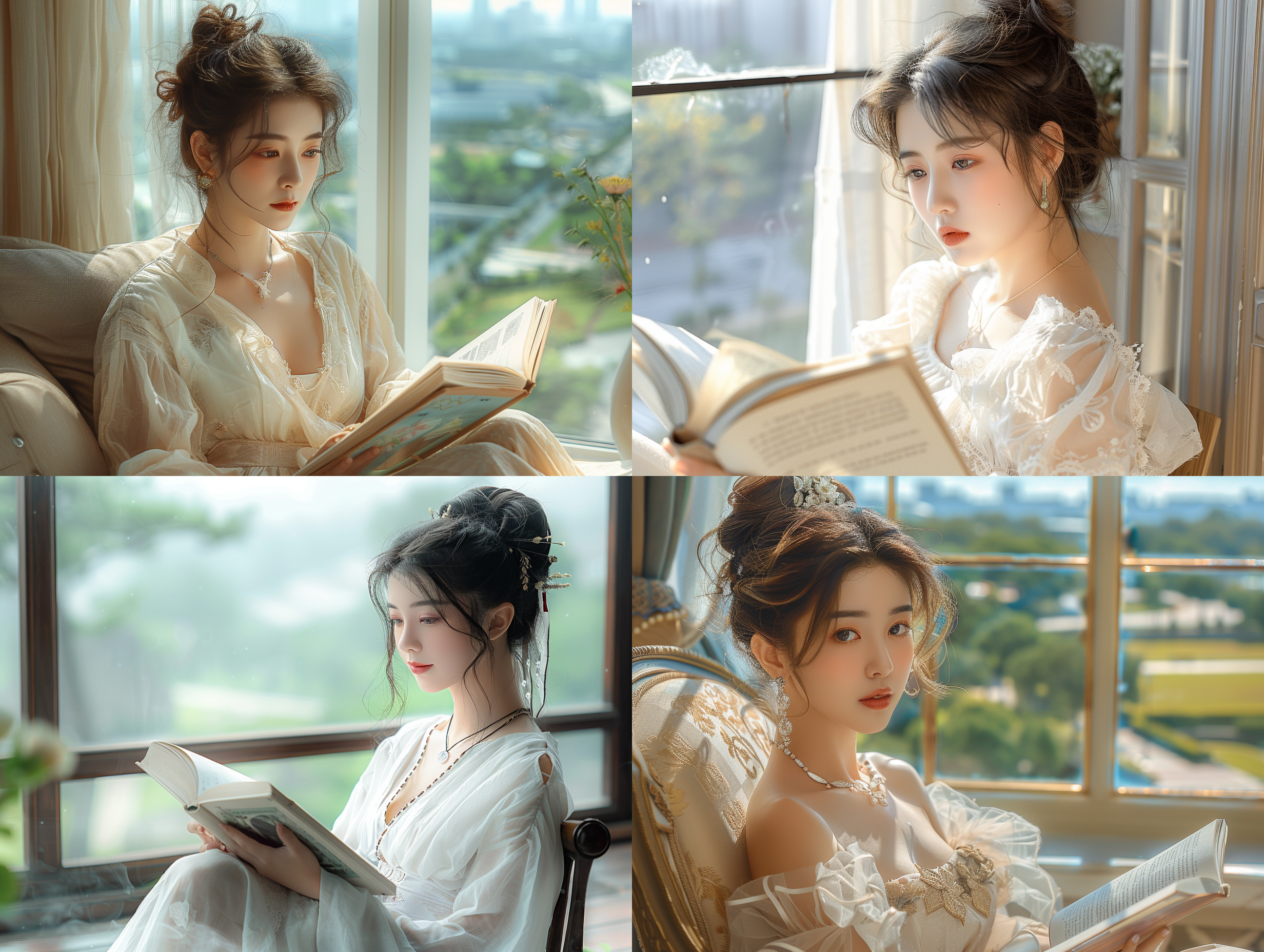 a highly educated chinese girl sits on an art chair in front of her home window, with a delicate face, delicate facial features, and a focused expression. she is reading a professional book that has been opened, with a bun hairstyle and a short sleeved white gauze dress, a high-end necklace, and a beige modern cabinet. the cabinet is decorated with high-end art flower arrangements, deep green vertical textured diatomaceous mud walls, european wooden floors, white large glass windows, atmospheric white window screens, and bright sunlight near noon. outside the window is a park shaded by trees, lawns, and roads. in the distance is the city's business center building complex, with a deep blue sky and light floating white clouds. professional indoor portrait photography, side view, mid range lens, 8k image quality, noise removal, high artistic beauty, super realism