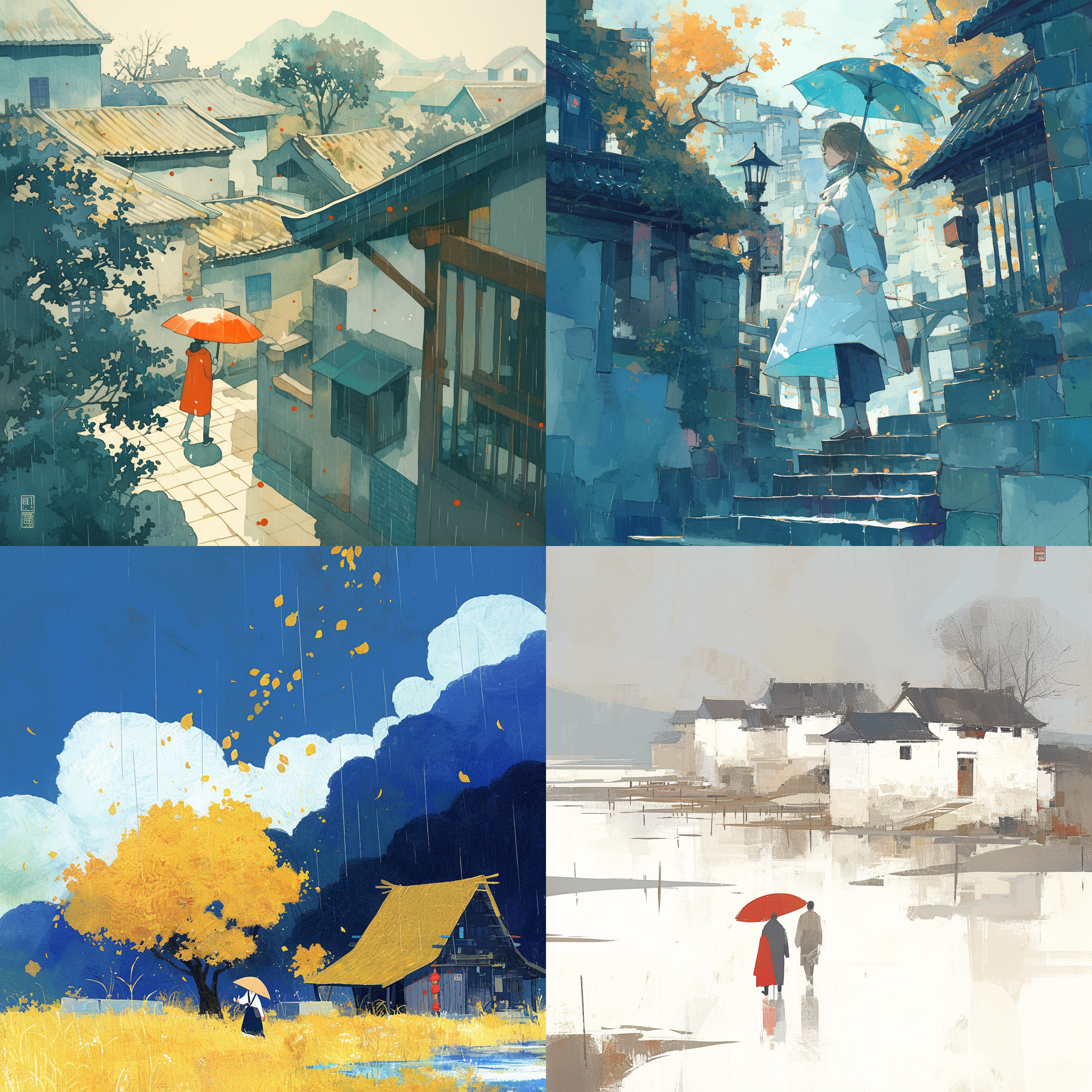 秋凉归乡，中国风画风，雨中家乡，晴空万里，霖熏意，出走，漆云雨，无晴有晴，表现主义。