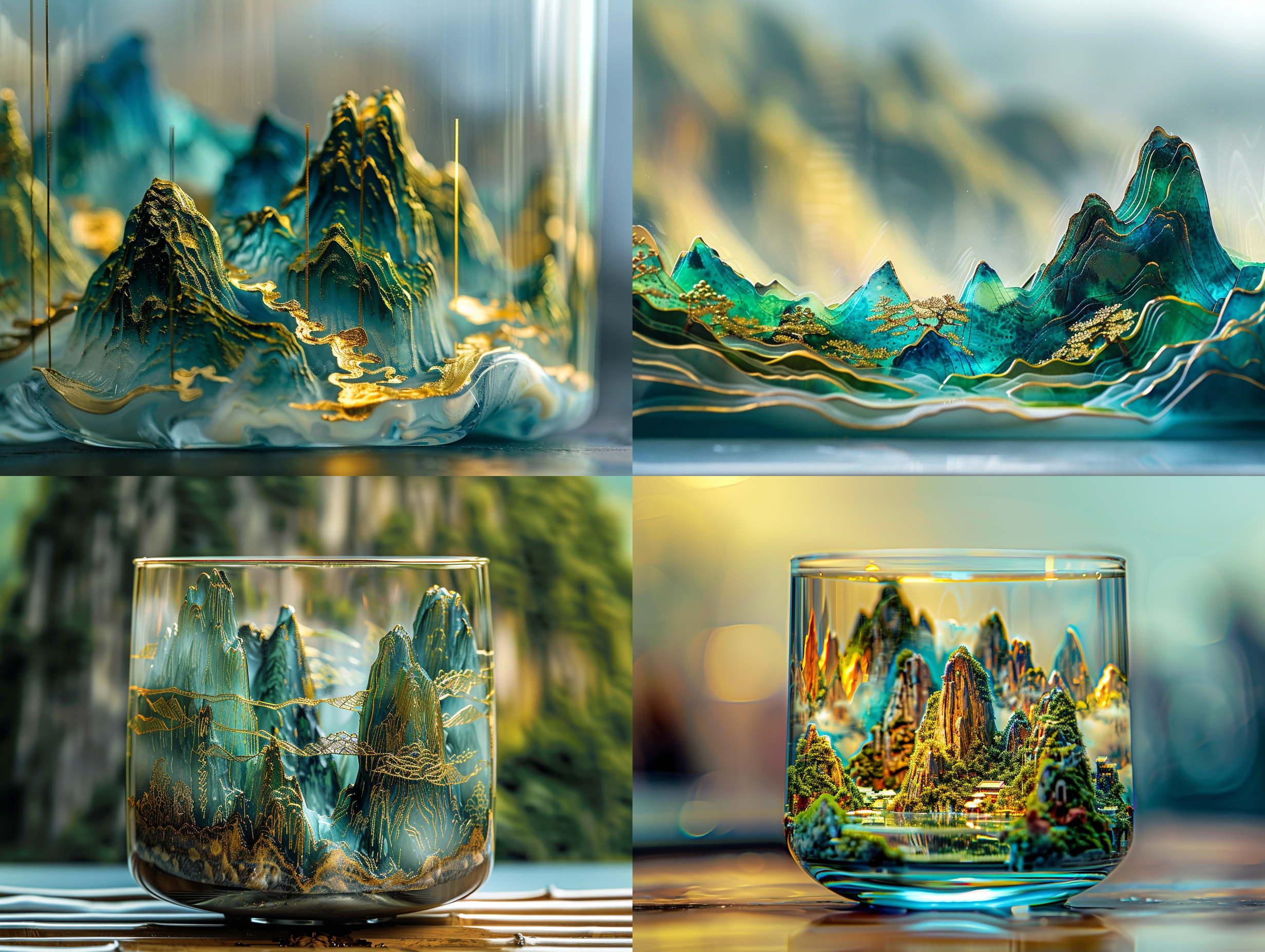 miniature landscape, chinese landscape, in a glass, 3d stereo effect of the mountain, blue and green color scheme, gold lines, natural light, panoramic composition, blurred foreground, ultra hd,8k