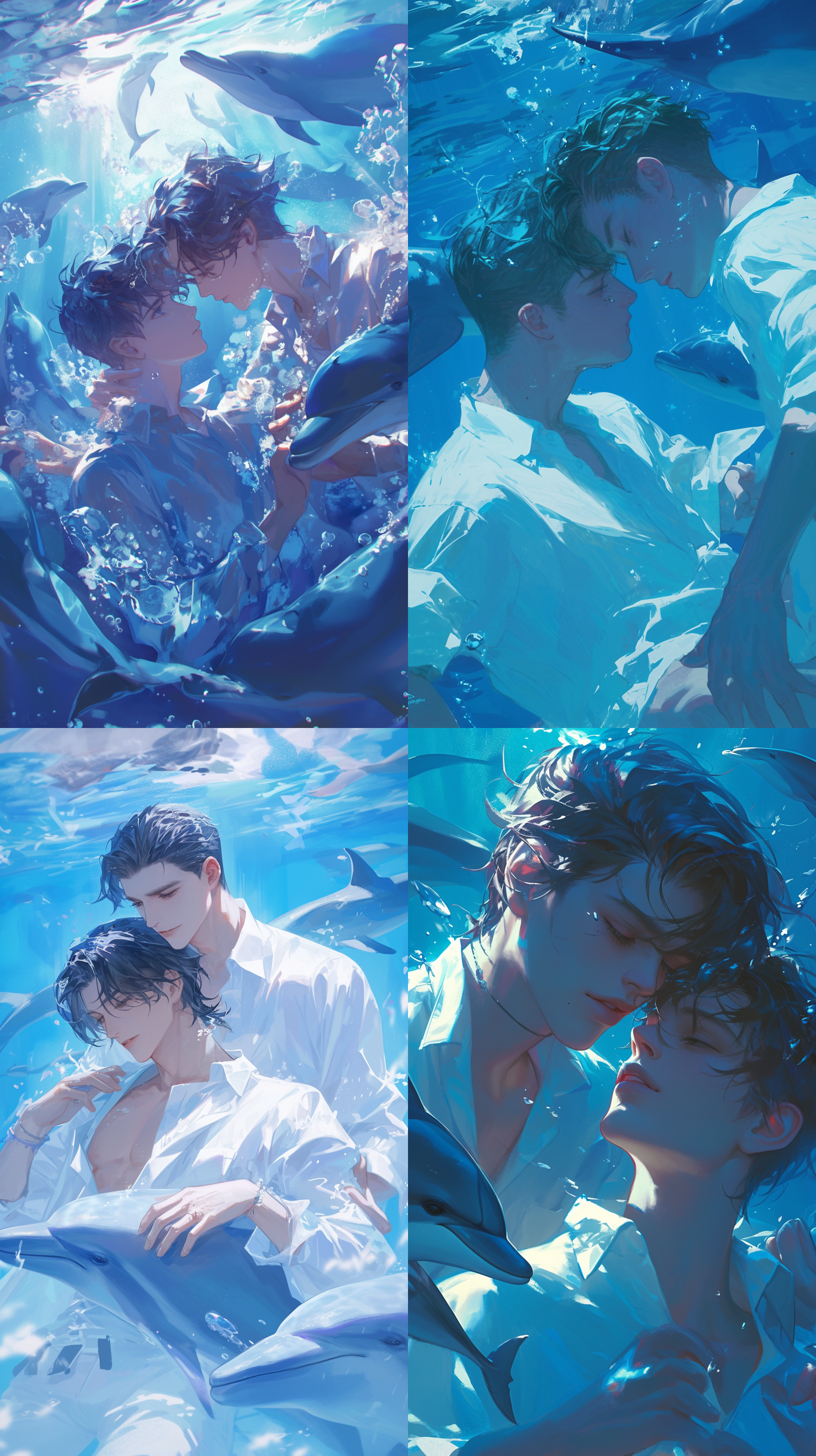 两个中国男孩的唯美爱情，五官精致，帅气，其中个眼角有痣，短发，海豚围绕，在海底，在水里的感觉，蓝调，浪漫。