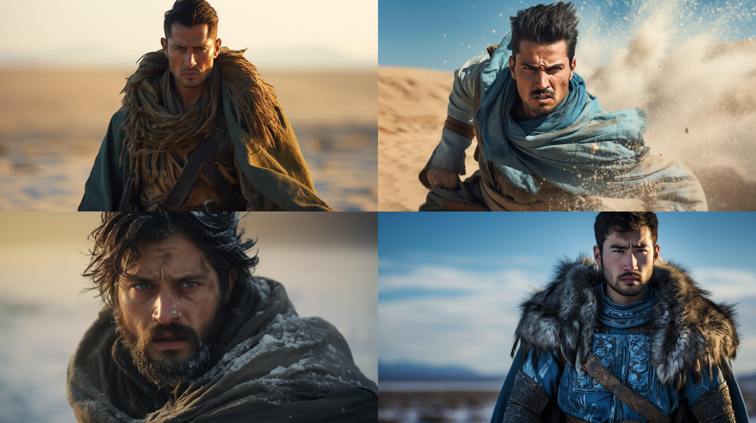 男人古风战场剑, 汉代风格, 4k, 中等, 高品质, 惊恐表情, 黑头发, 蓝眼睛, 古装, 戈壁战场, 中景, 正面光, 长焦镜头, 动作凝固, 红色调, 英勇情绪。