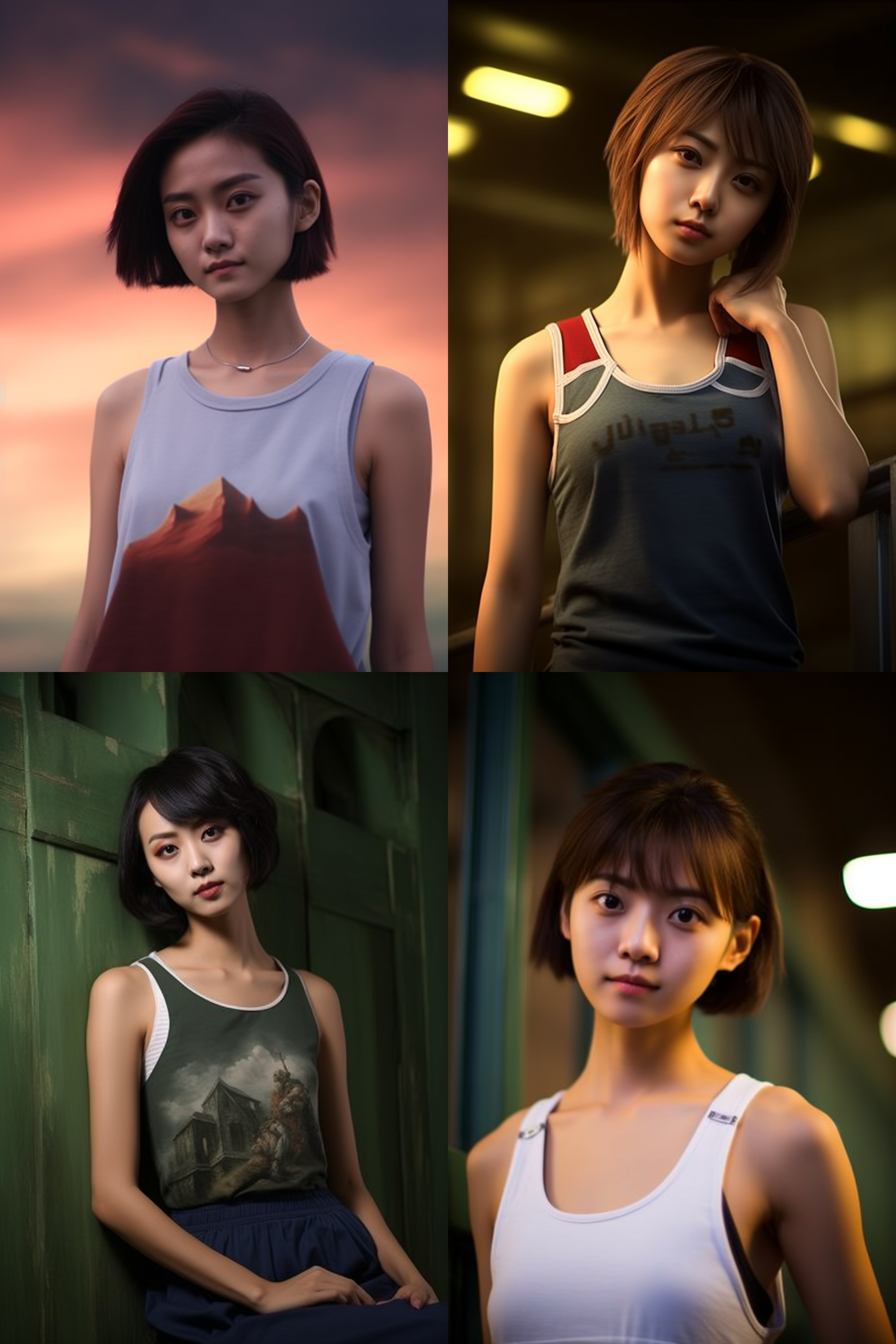 中国短发女孩，穿背心，摄影图