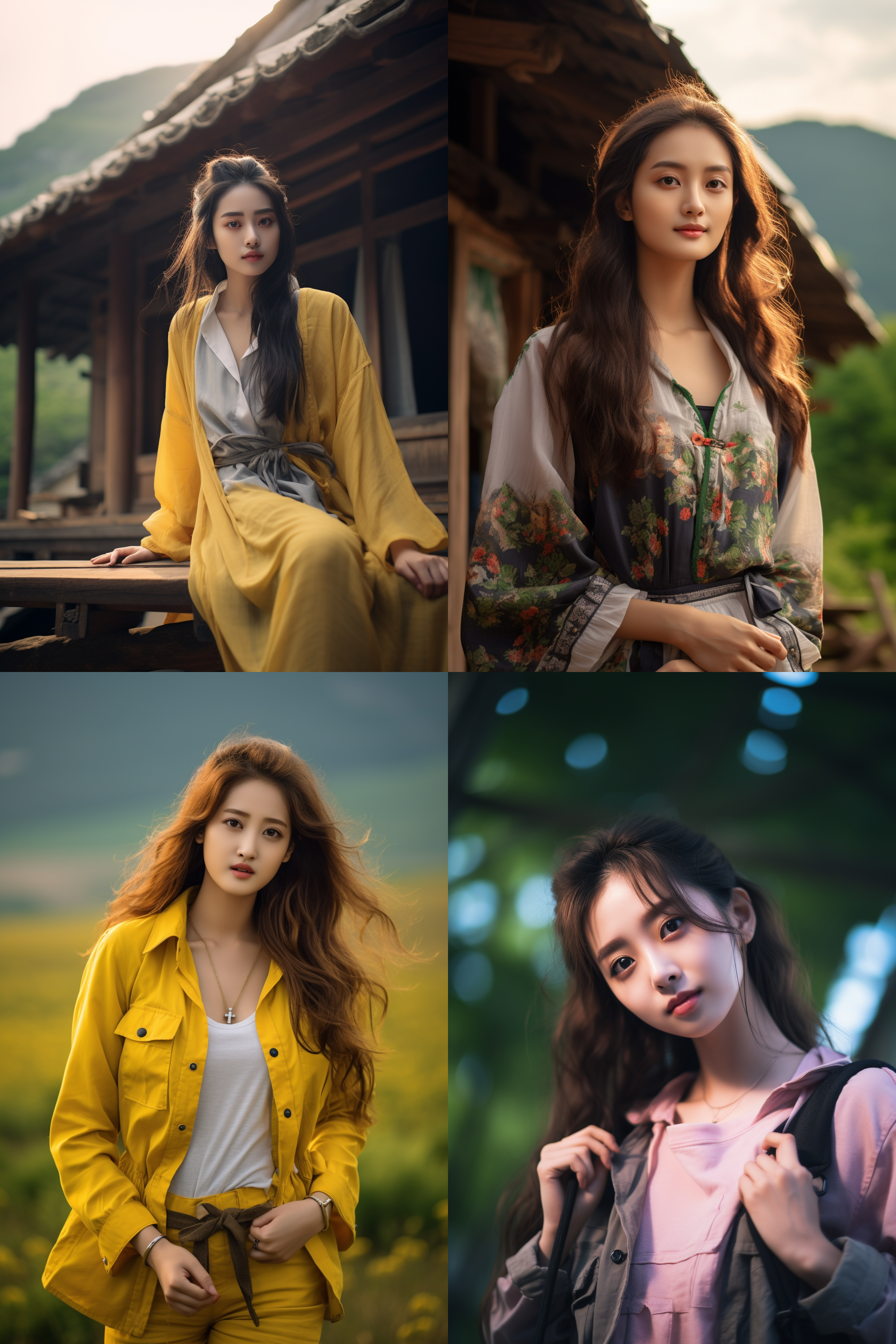 中国女孩，现代服饰，明亮光线，摄影图 清新自然，户外风景，肖像模式，中焦镜头，自然姿态，色彩鲜艳，快门优先，放松自然
