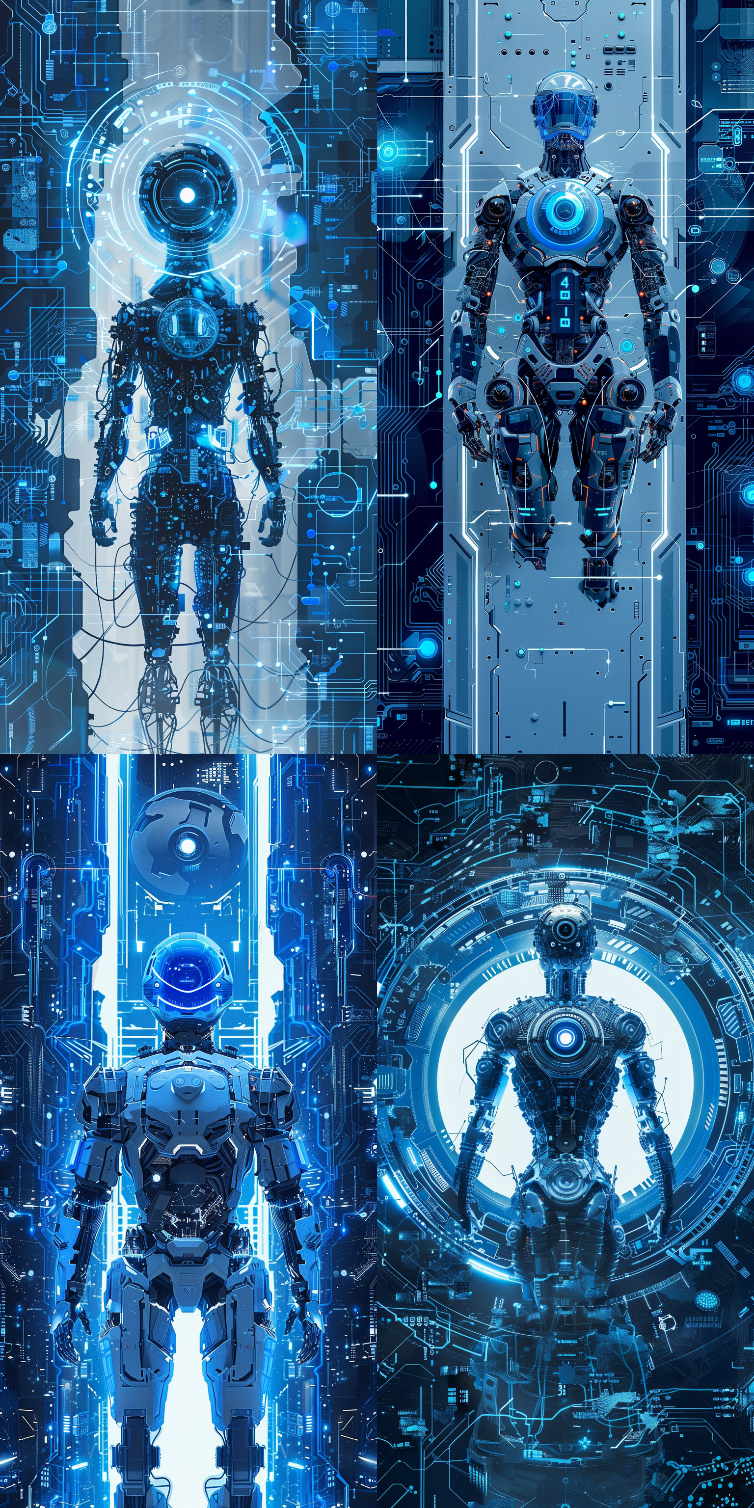 生成一组以ai科技为代表的形象广告，画面体现ai智能机器人站在画面中心，加上智能芯片电路，大数据运算，ai科技与城市科技元素，使用科技蓝为主色调，体现强烈的科技感和未来感，顶级的画质，现代风的广告设计，体现科技美学，艺术美学，唯美，色彩饱和层次丰富，画面细节丰富，简约的背景，简约的线条。 全身