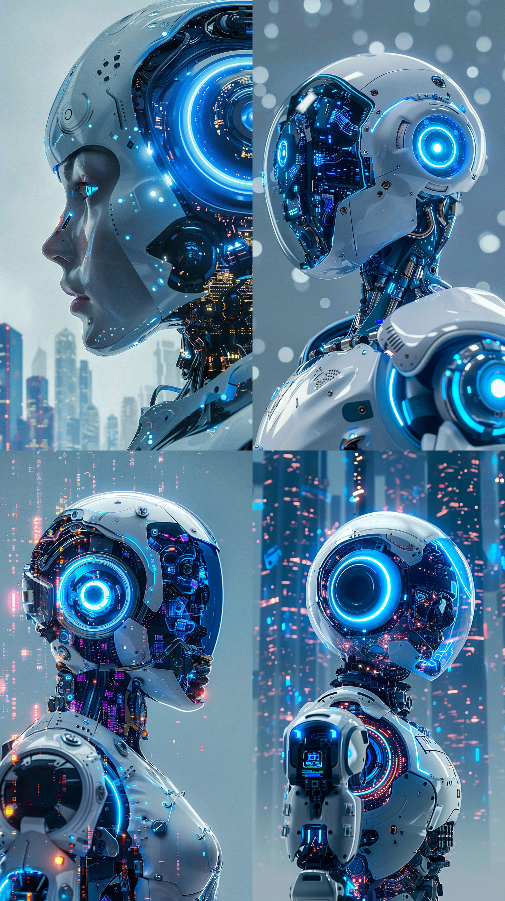 生成一组以ai科技为代表的形象广告，画面体现ai智能机器人站在画面中心，加上智能芯片，ai科技，大数据运算，背景是简约的城市科技元素，使用科技蓝为主色调，体现强烈的科技感和未来感，顶级的画质，现代风的广告设计，体现科技美学，艺术美学，唯美，色彩饱和层次丰富，画面细节丰富。 全身