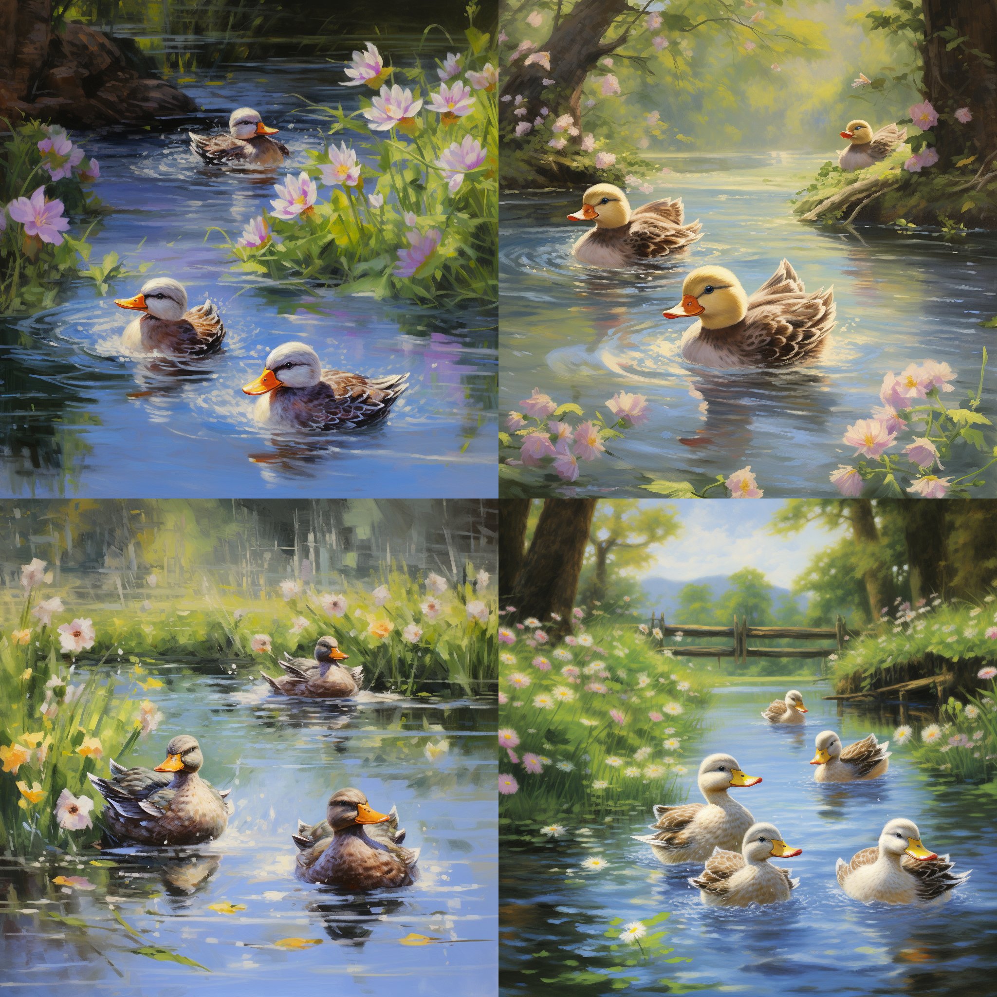 a group of ducks playing and splashing in the river during springtime. the river is filled with gentle ripples and the surroundings are lush with new greenery. the ducks have joyful expressions on their faces as they swim and quack among the blooming water lilies