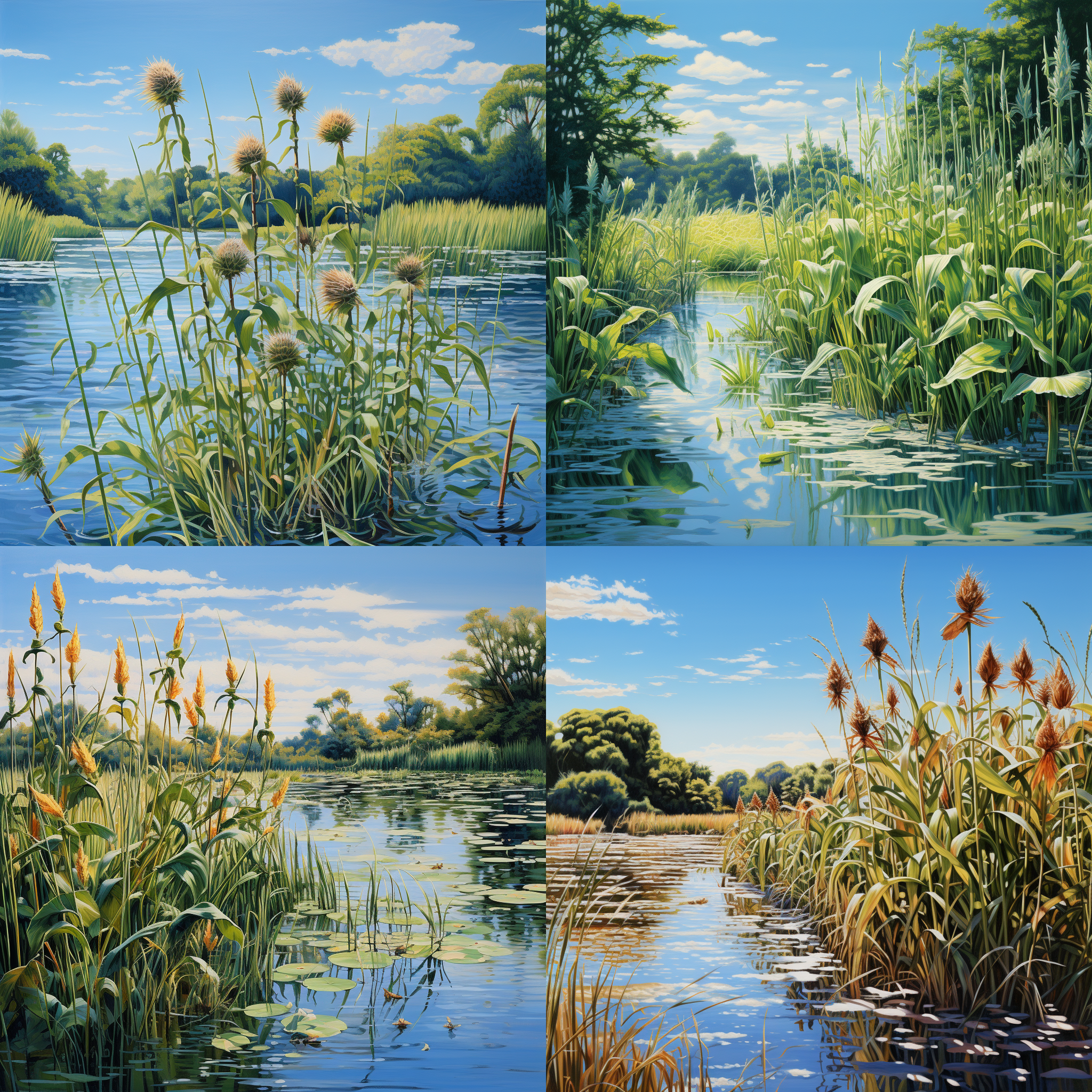 the riverbank is covered in chinese artichokes, while the reeds are just starting to emerge from the water's surface. the scene is tranquil, with the sun casting warm light on the lush greenery and the gentle ripples of the river. the chinese artichokes and reeds create a vivid contrast against the clear blue sky.