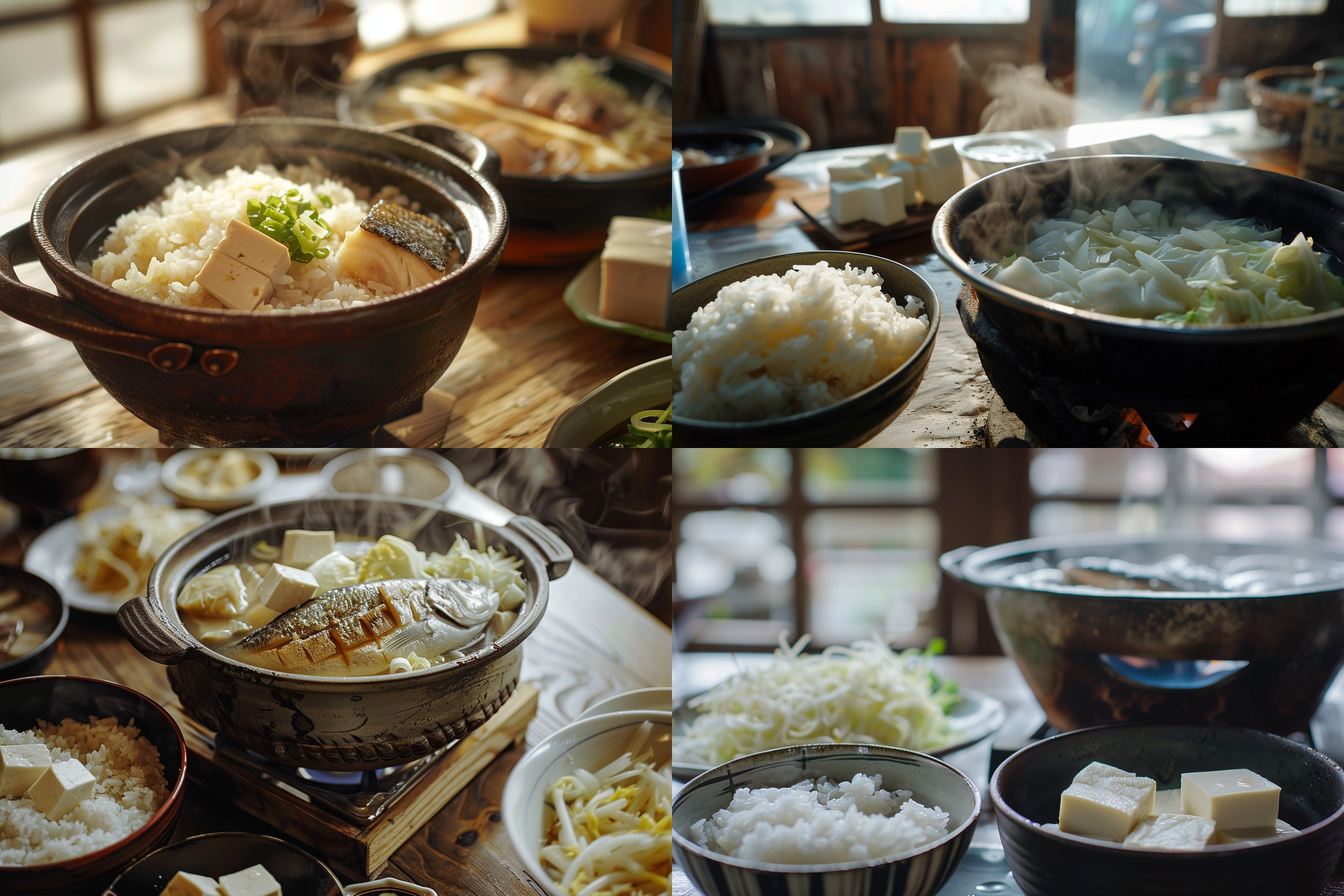 前景一碗米饭，炖鱼白豆腐白菜在铁锅里，白天，餐桌 照片写实