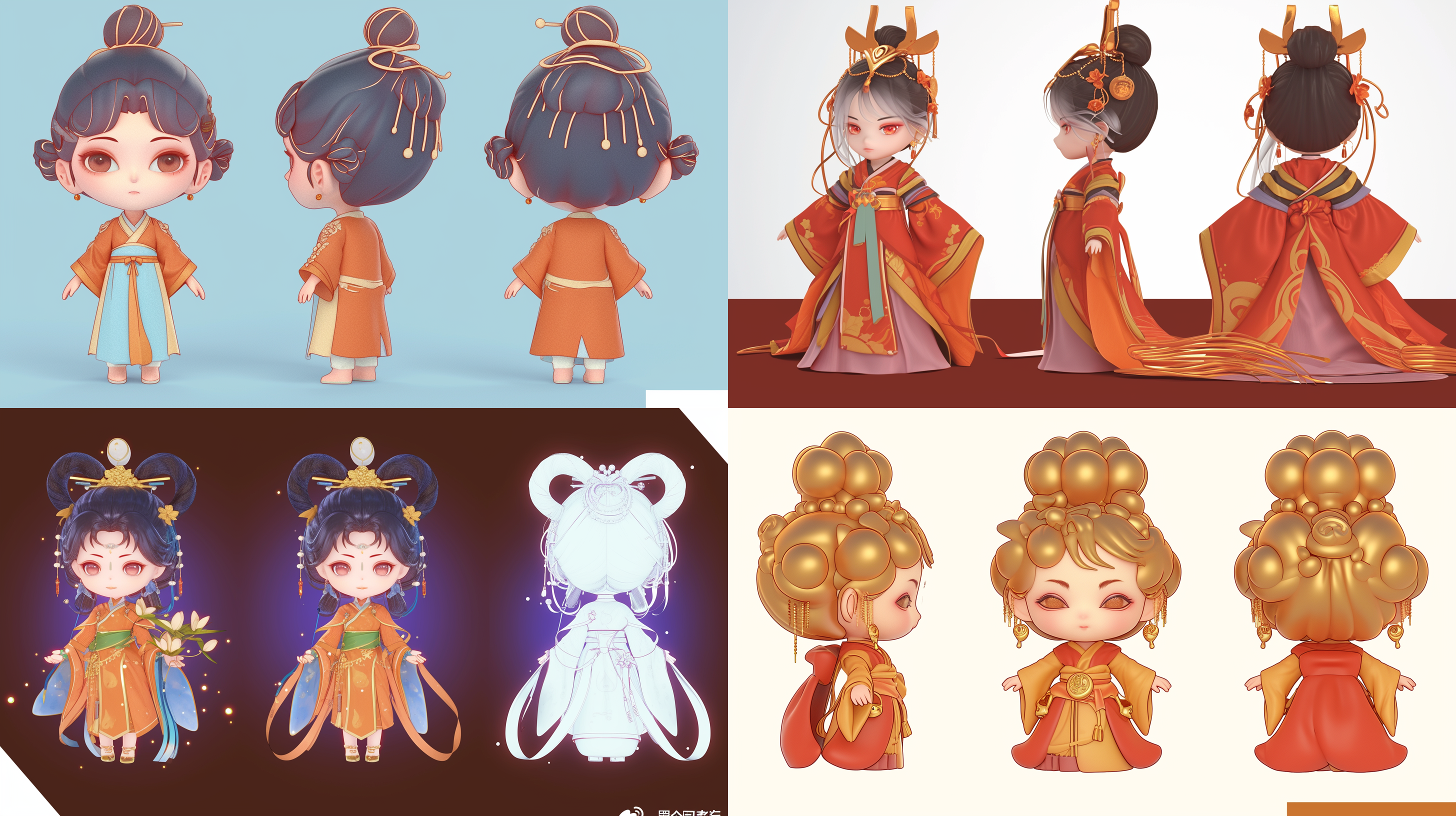 三视图，正视图，侧视图，背视图，3d,c4d，q版盲盒，三头身，可爱，古风小女孩，花朵，糕点full body, enerate three views, namely the front view the side view abd the back view, super cute girl ip by pop mark, colorful, plastict ransparent, soft lighting, glowing body,mockup, blind box toy,fine luster,clean background, 3d render, oc render, best quality 4k, ultra detailed, crazy details