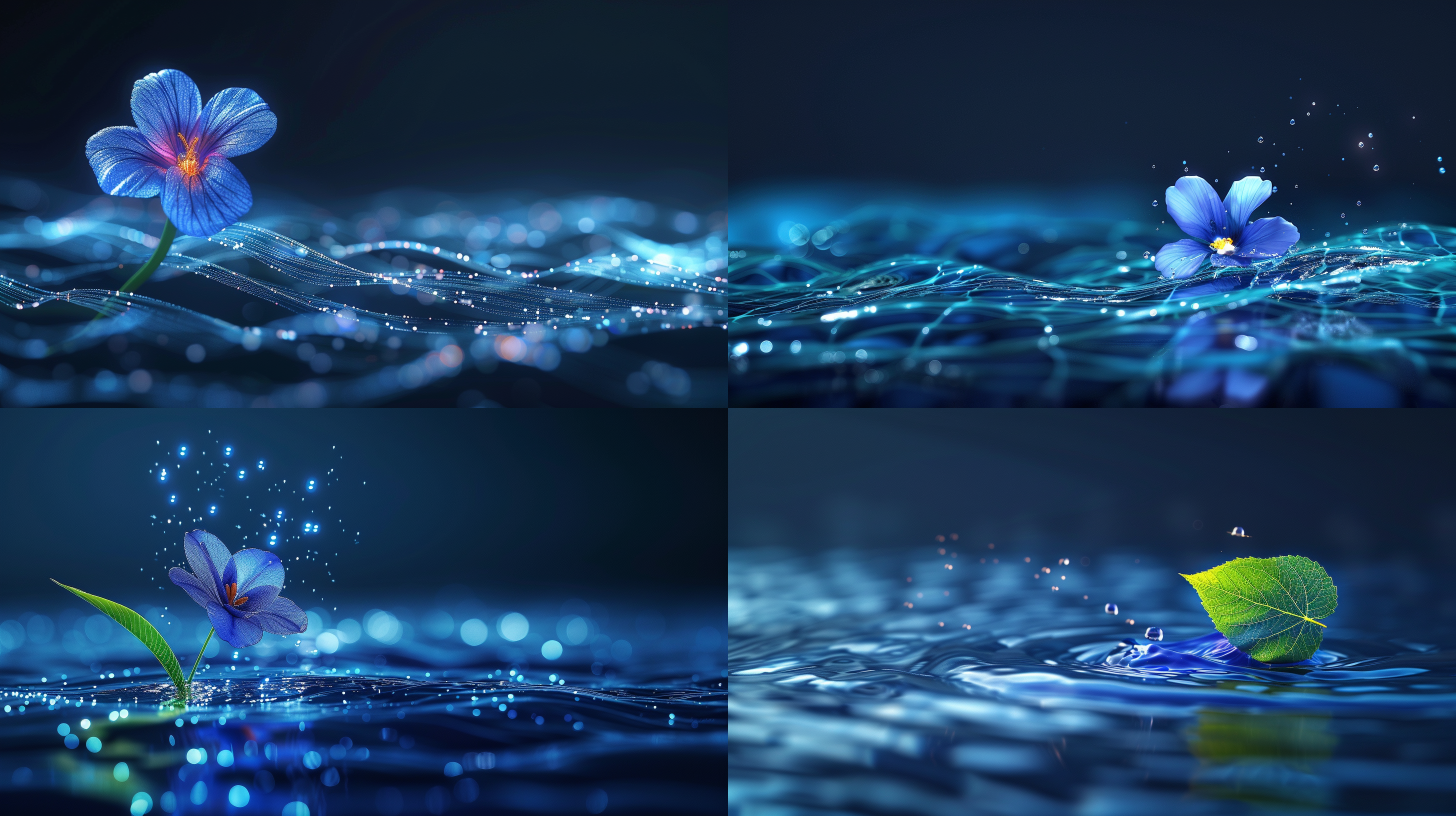 1支1叶1朵花，韵律，一滴晶莹剔透的水珠，远景，光影交错，色彩对比。