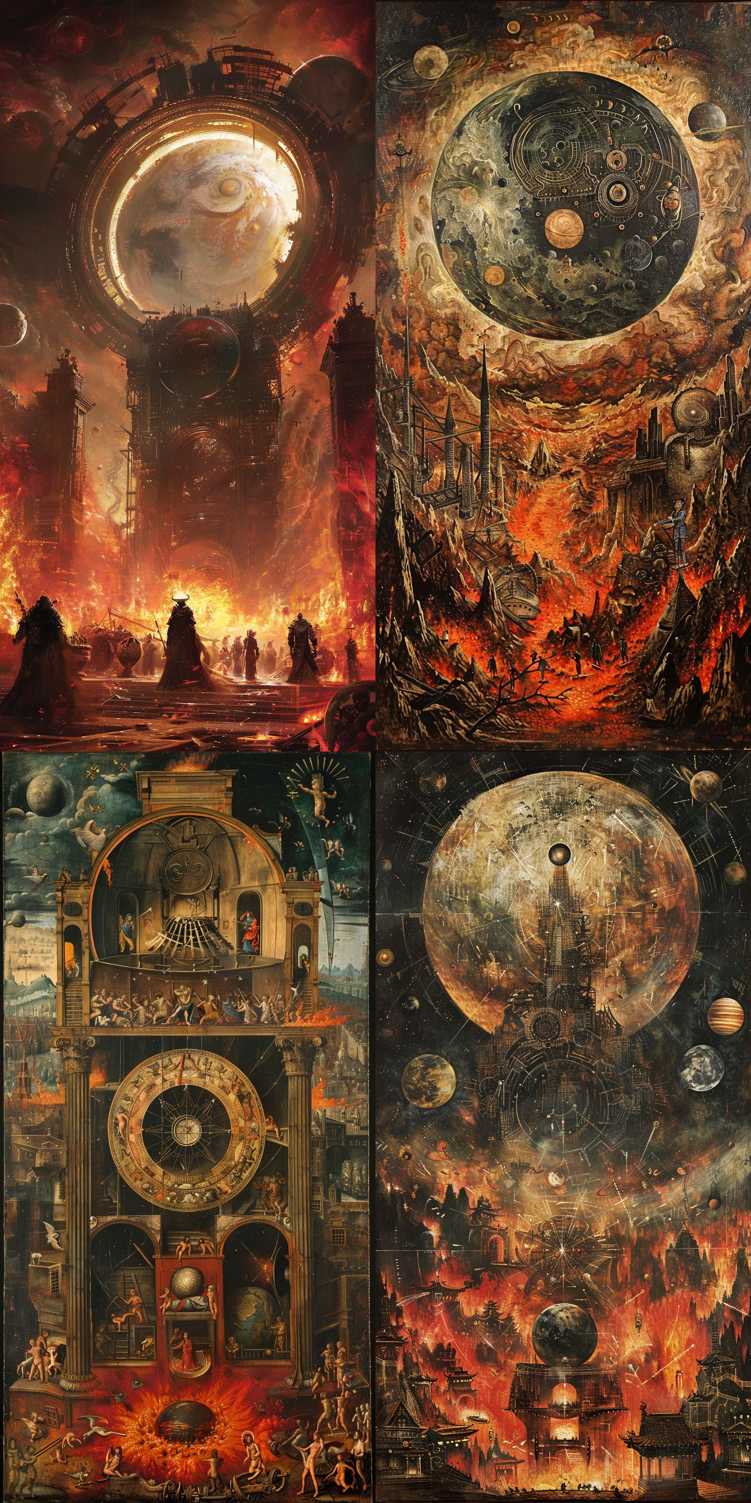 the composition is a big circle in the middle . inside the big circle is a huge steam - era machine . there are many planets surrounding the machine . the big circle is surrounded by red flames , or the eyes are full of people looking at the scenery in the big circle . in the middle of the picture is an ancient chinese porcelain , with flames burning at the bottom of the picture . there are many figures in the style of michelangelo on both sides of the large circle . the composition is absolutely symmetrical and stacked into a composition . classical oil painting , jheronimus bosch art style