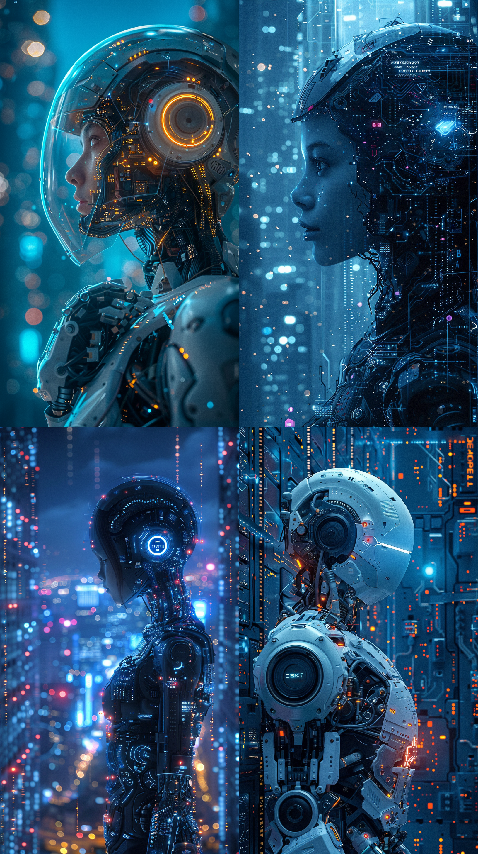生成一组以ai科技为代表的形象广告，画面体现ai智能机器人站在画面中心，加上智能芯片电路，大数据运算，ai科技与城市科技元素，使用科技蓝为主色调，体现强烈的科技感和未来感，顶级的画质，现代风的广告设计，体现科技美学，艺术美学，唯美，色彩饱和层次丰富，画面细节丰富，简约的背景，简约的线条。 全身