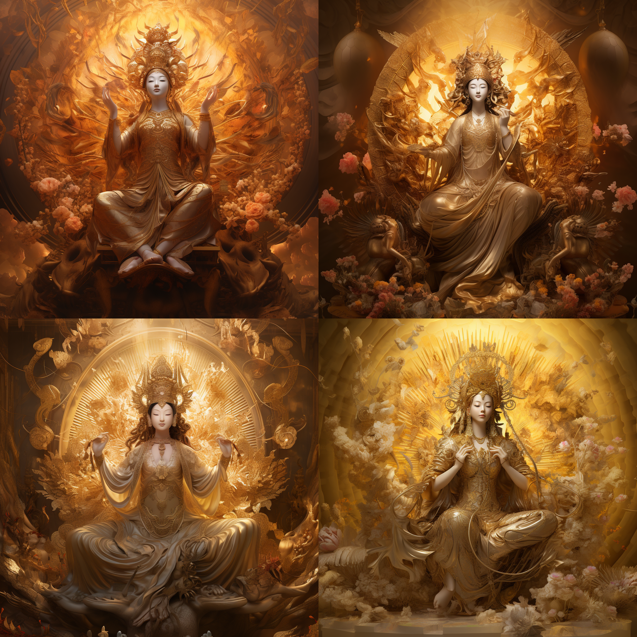 千手观音，复古背景，细致刻画，立体感，神圣氛围，柔光照射，静态姿势，金色光晕，温暖色调，平面构图，庄严肃穆，宗教艺术。