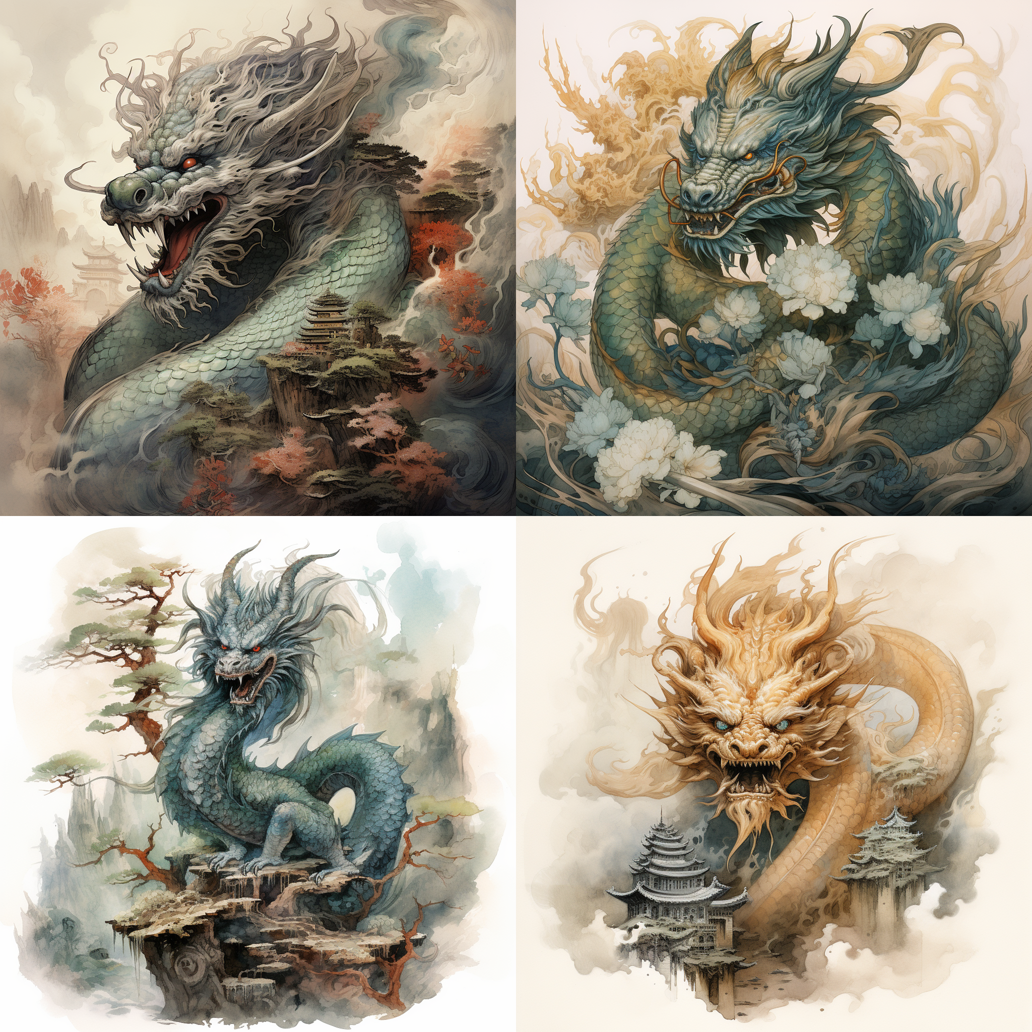 龙仔讲奇闻，古风插画，龙形字体，水墨风格，传统笔触，神秘色调，细节丰富，想象力，华丽。