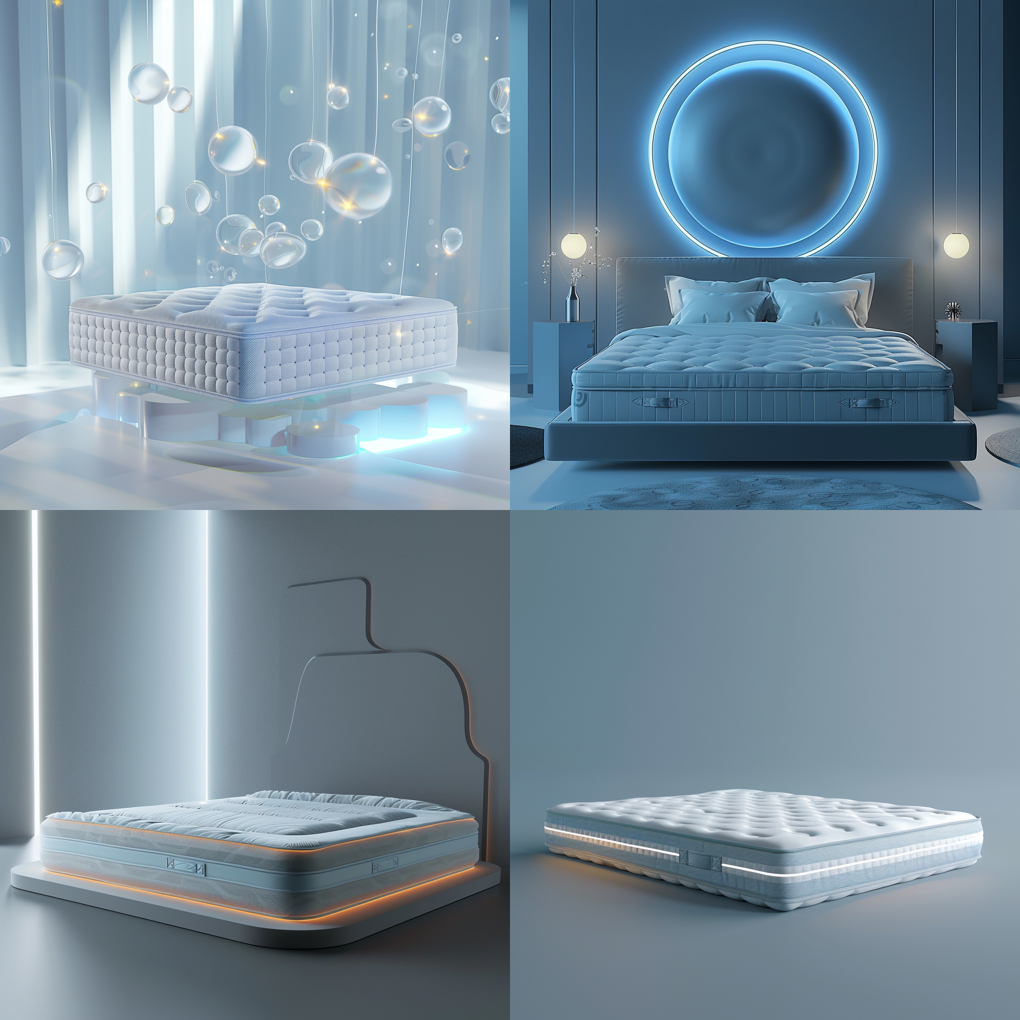 科技感床垫海报，简洁干净，蓝灰色背景，ai人工智能，广角镜头，精美渲染，工作室灯光，octane render背景，c4d制作，超高品质，ultra hd 8k分辨率。