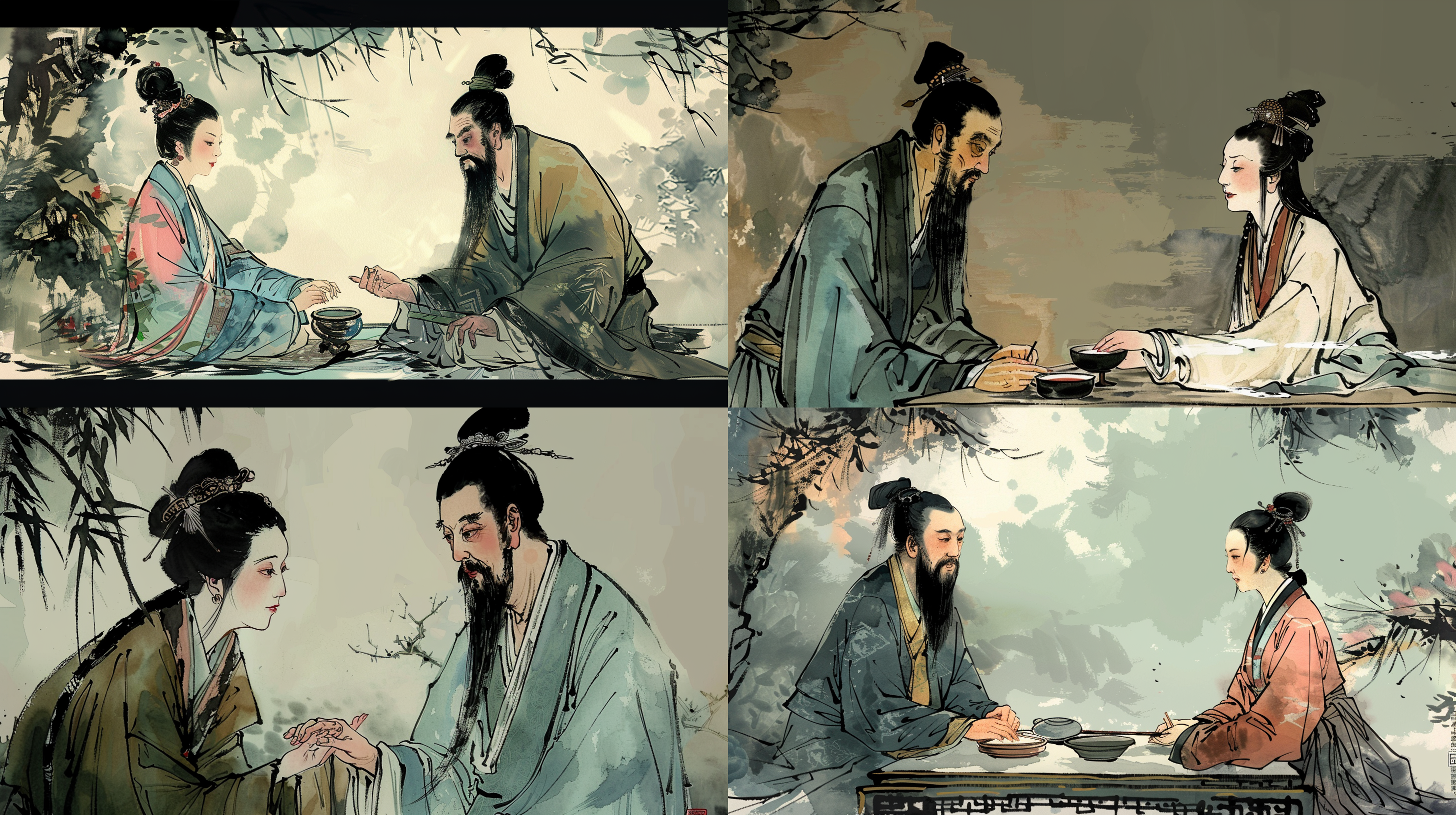 中医为女患者把脉治疗，神情专注，古代服饰，干净背景，国潮风插画