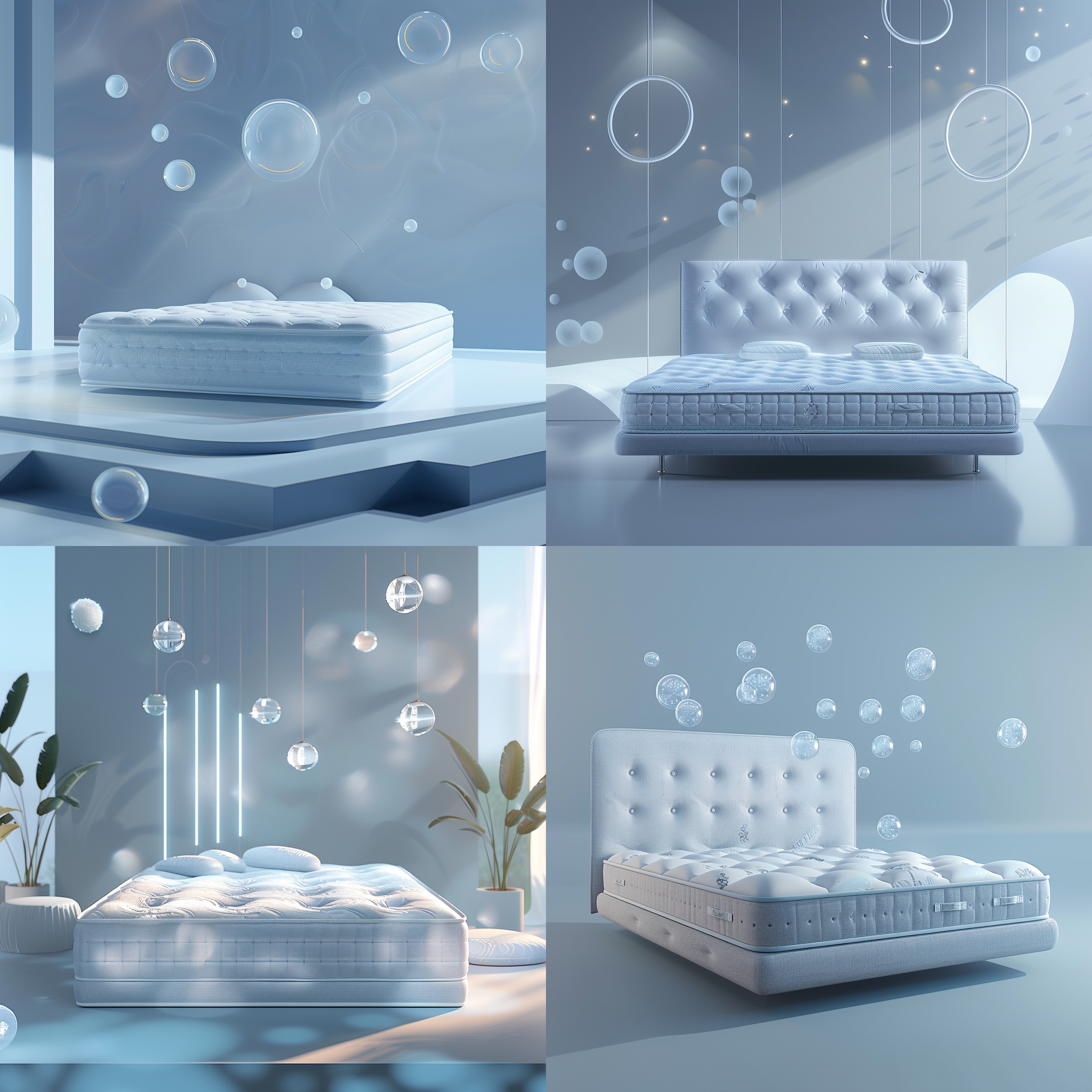 科技感床垫海报，简洁干净，蓝灰色背景，ai人工智能，广角镜头，精美渲染，工作室灯光，octane render背景，c4d制作，超高品质，ultra hd 8k分辨率。