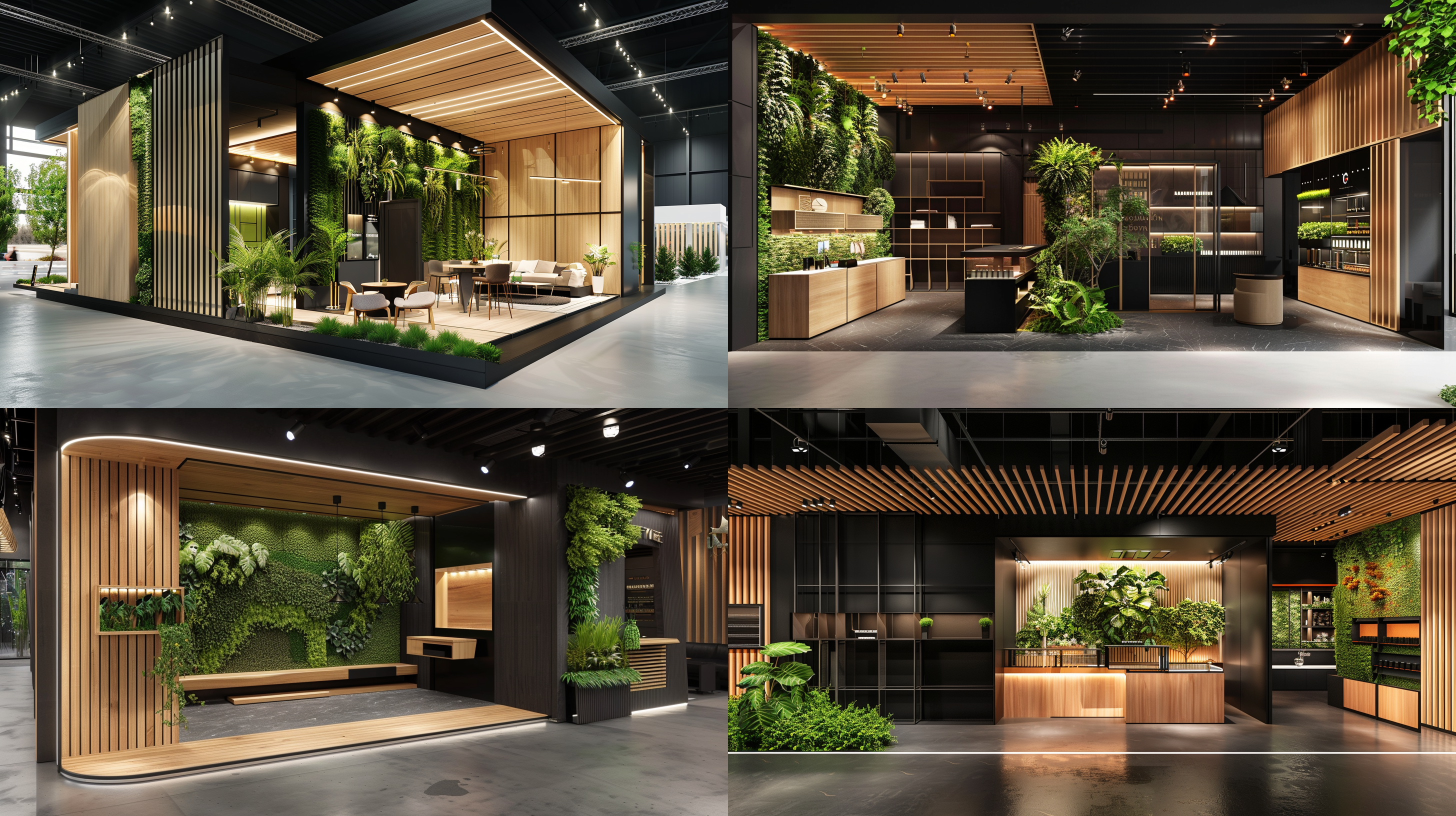 展台效果图，高大上轻奢效果，清爽风格，产品展示，黑白色，木纹装饰，绿植墙，16k超高细节，清新氛围，高清拍摄，广角镜头，明亮照明，展示动作，细节突出，视觉冲击力。