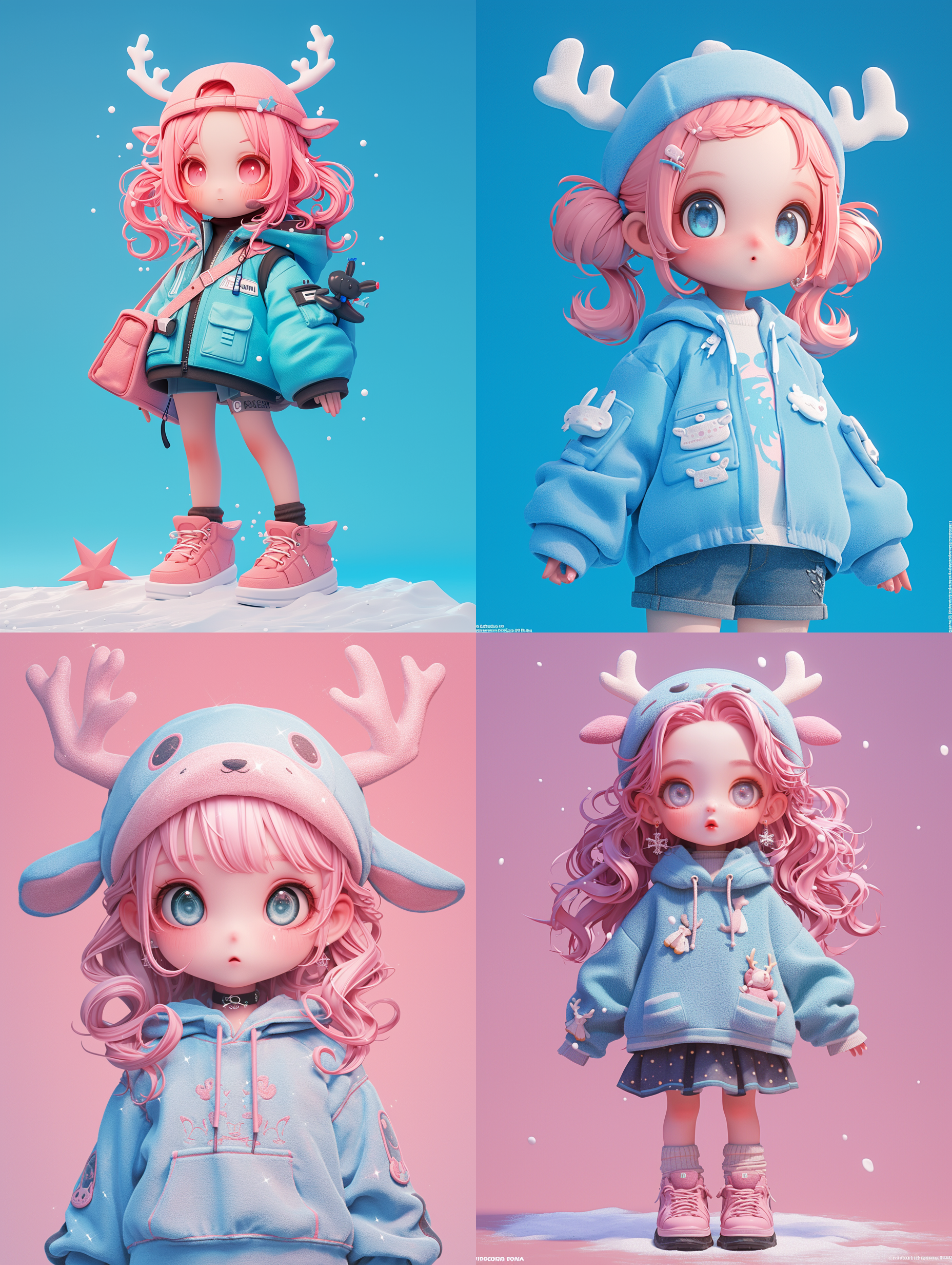 blind box style chibi, a girl dressed in fashion, wearing a hat with antlers, pink hair, blue bubble sleeve clothes and pink shoes,3d, c4dblender, oc renderer, ultra hd, 3d rendering