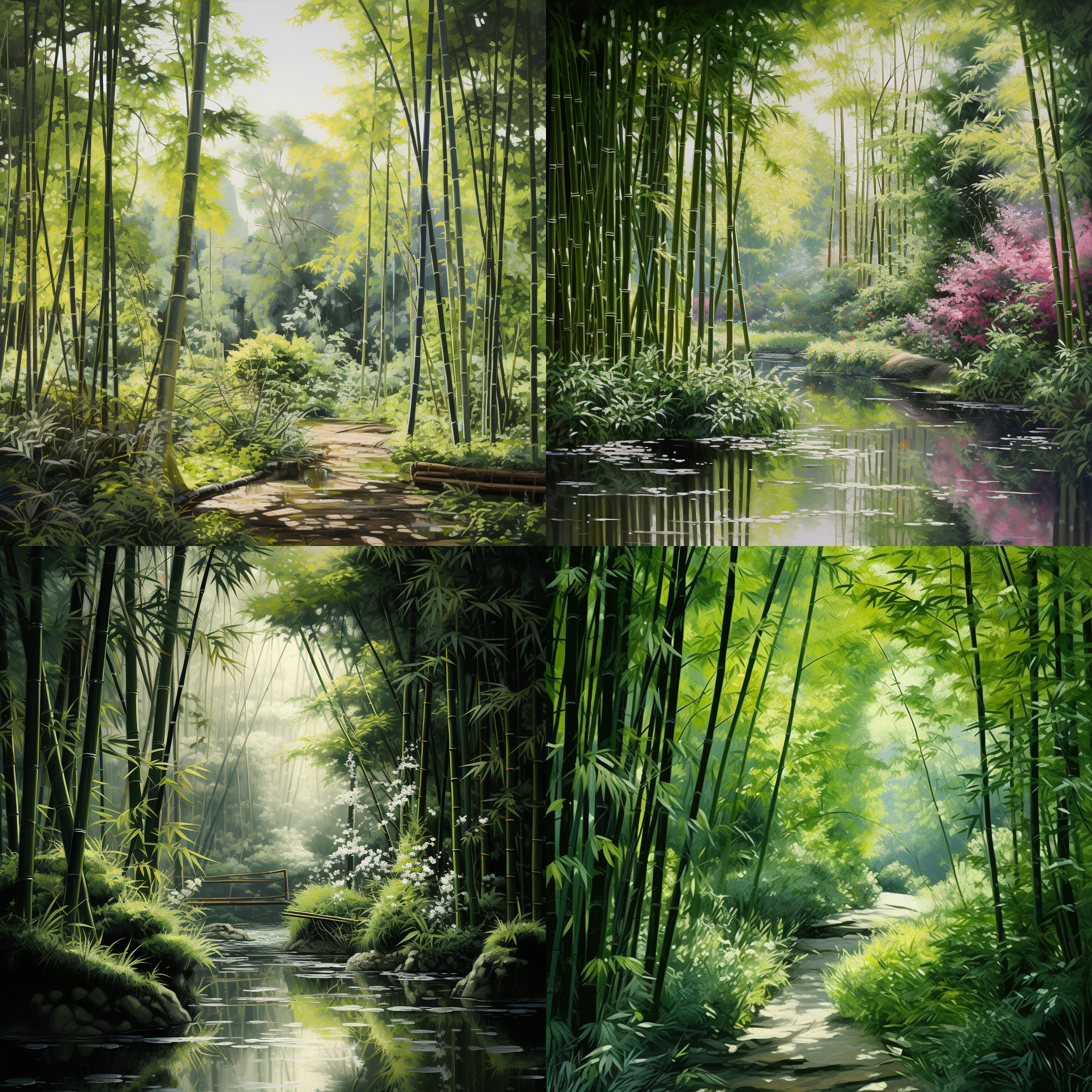 a grove of bamboo with a few clusters of prunus persicas just beginning to bloom outside, their soft petals adding a splash of color to the serene green landscape. the lighting should be gentle, casting gentle shadows through the leaves and highlighting the delicate details of the flowers.
