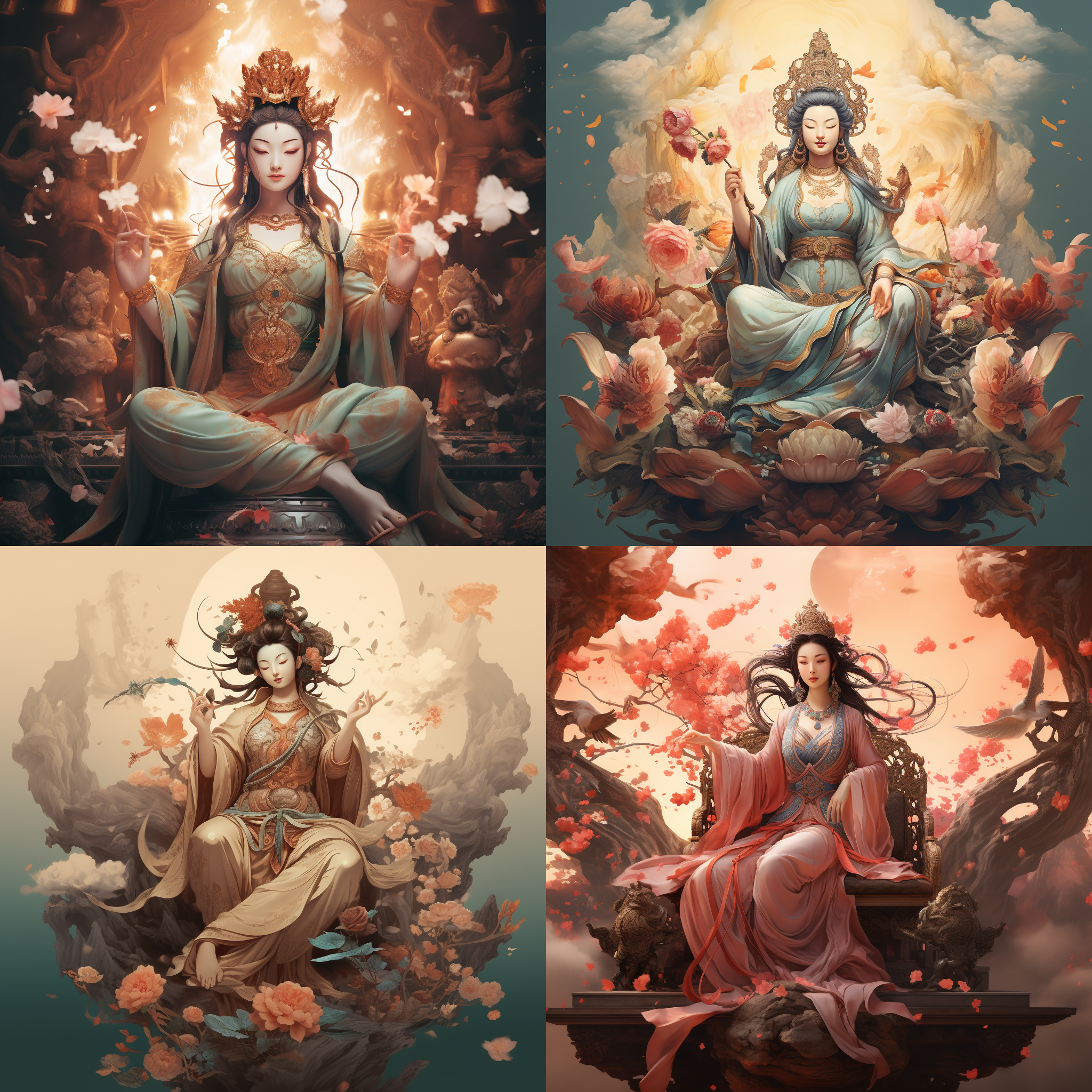 千手观音，动漫风格，复古色彩，细致刻画，1920*1080，背景元素丰富，精致服饰，柔和光线，护法众生，祥和氛围，多重表情，温暖色调。