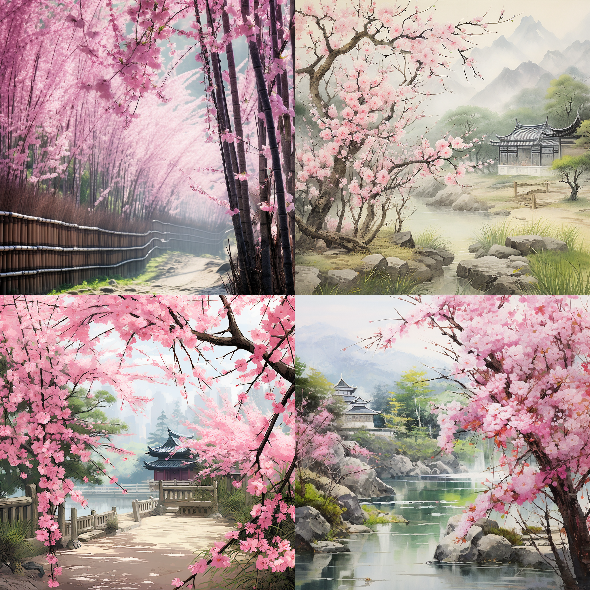 a scene with peach blossoms in full bloom next to a bamboo grove. the flowers are vibrant and cover a large area, creating a picturesque and serene setting. the bamboo grove provides a lush background, adding to the tranquility of the scene. the blossoms appear delicate and graceful, with soft petals in shades of pink and white. the overall effect is one of beauty and harmony with nature.