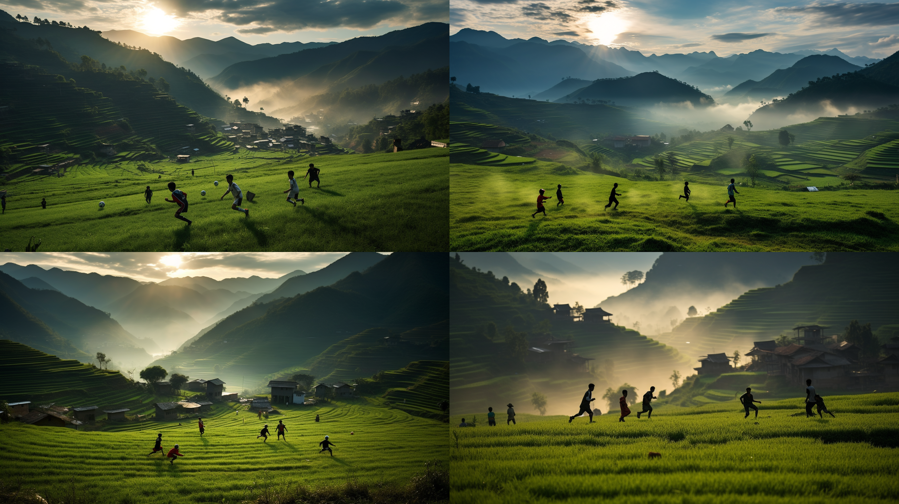 贵州村超球员踢球，山间草地，日落余晖，背光，运动动作，绿色草地，足球场，远景，激情，竞技，快门速度。