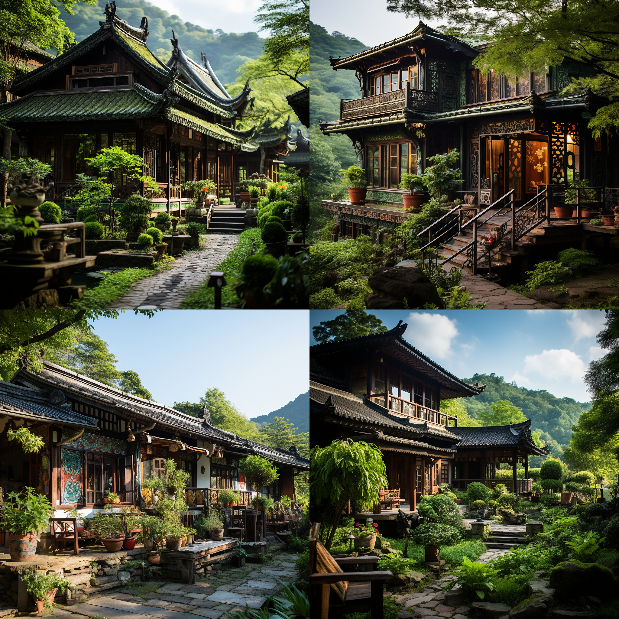 一座瑶族建筑，坐落在山脚下。房屋采用传统的木质结构，屋顶上覆盖着青瓦。建筑外墙雕刻着精美的花纹，窗户上挂着五颜六色的玻璃。周围是郁郁葱葱的绿树和绵延起伏的山峦。阳光透过树叶洒在建筑上，营造出温暖而宁静的氛围。建筑呈现出浓厚的民族特色，展现了瑶族人民的智慧和艺术才华。瑶族建筑，山脚下，木质结构，青瓦，花纹雕刻，彩色玻璃，绿树，山峦，阳光，温暖，宁静，民族特色，智慧，艺术。