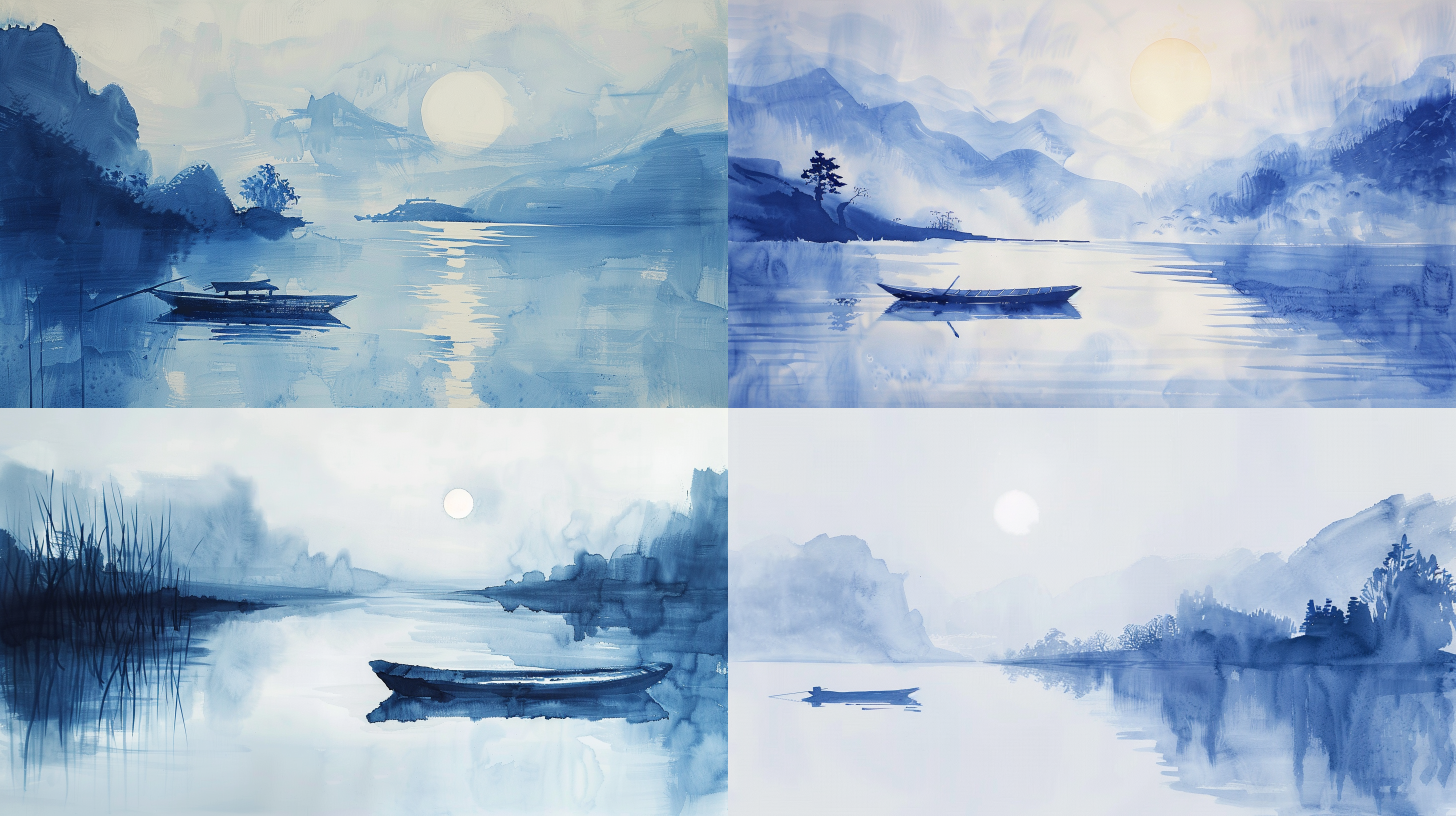 蓝白山水画，水墨风格，小船水中，夕阳西下，古风，中国风，静谧，剪影，光影，传统，艺术，优雅，抽象，自然。