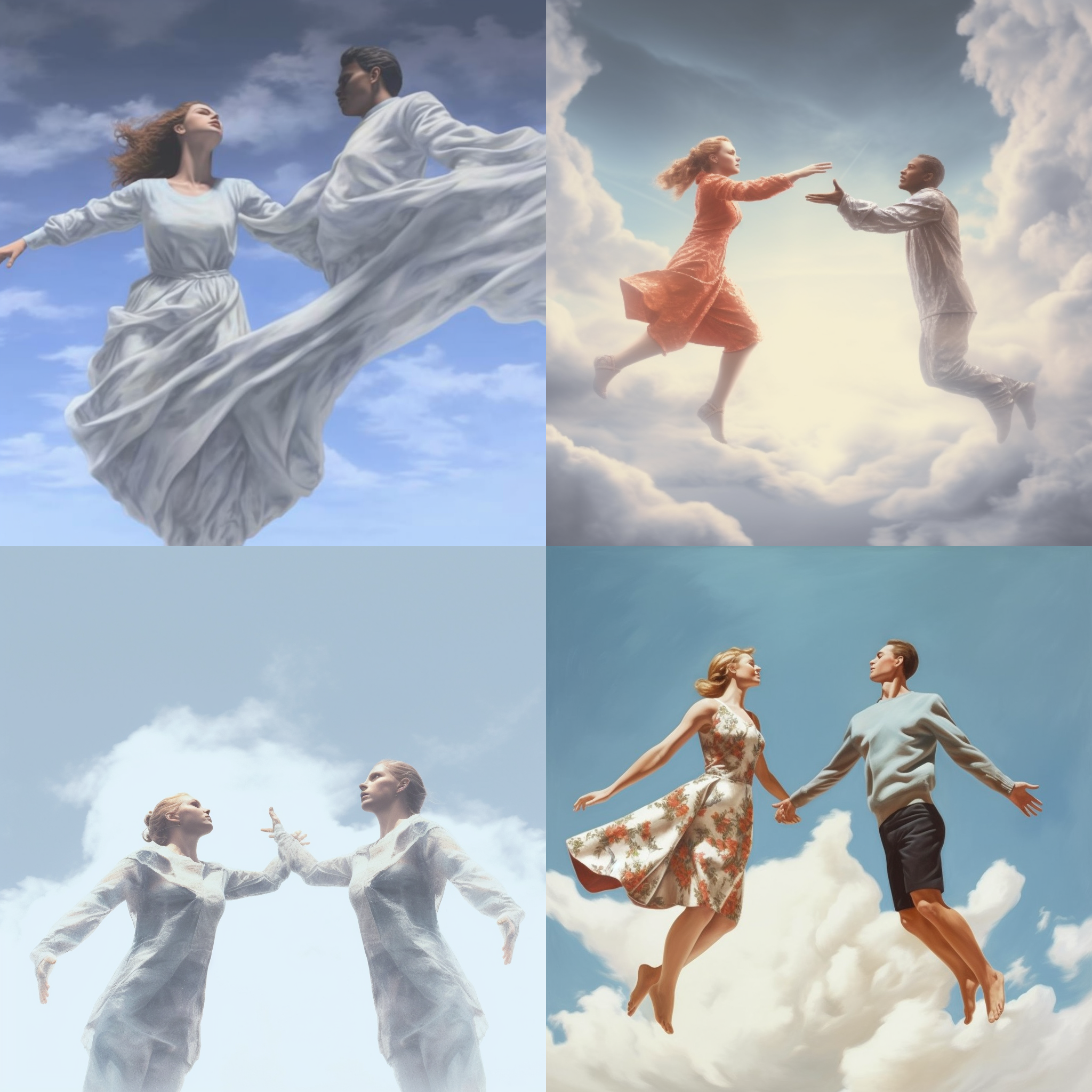 身体里散发能量，两个人在互相传输能量，在天空上，超级写实
