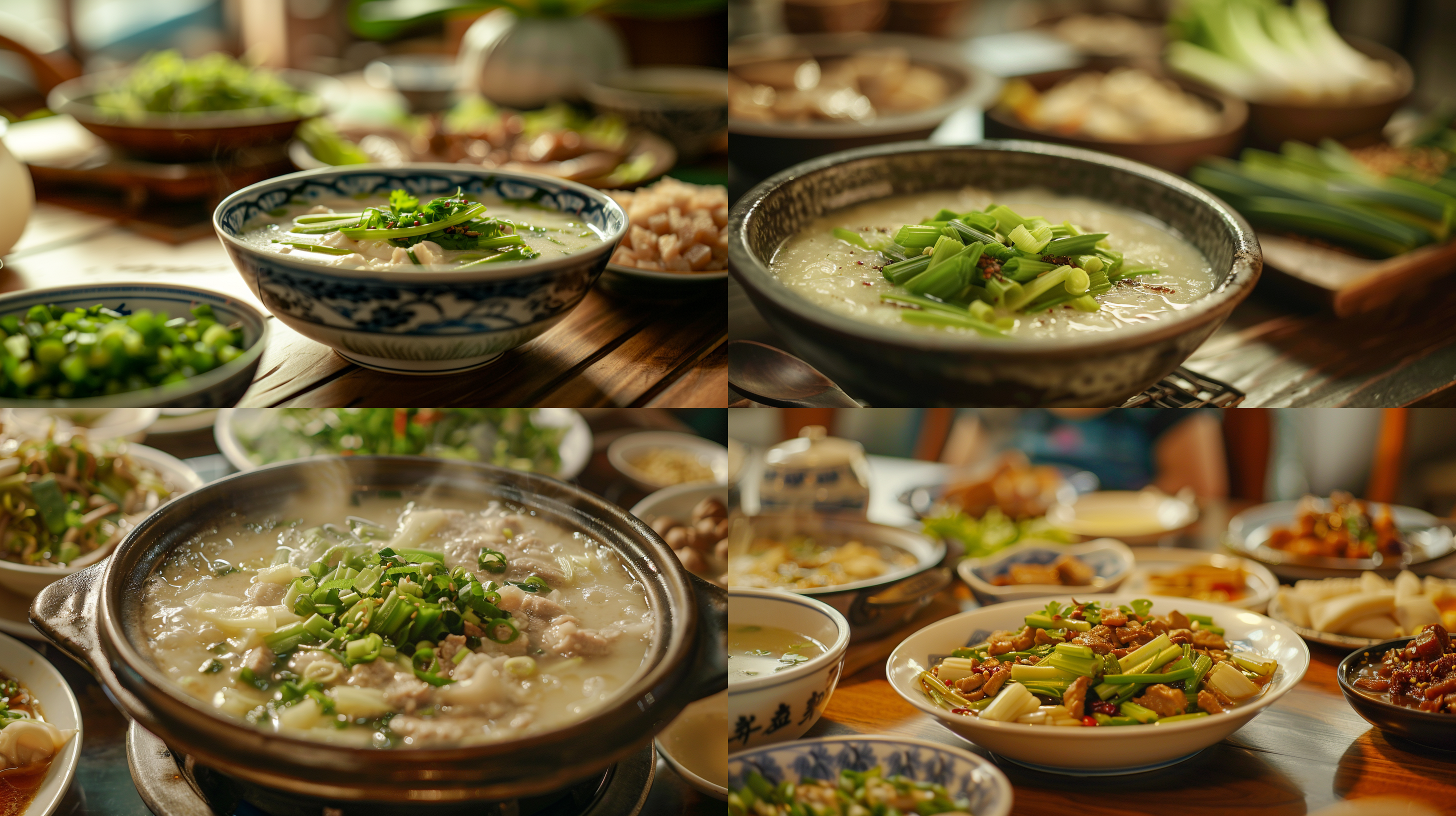 前景是一碟煮熟的芹菜，一碗有一点花椒的奶白色羊肉汤，晚上，餐桌 照片写实
